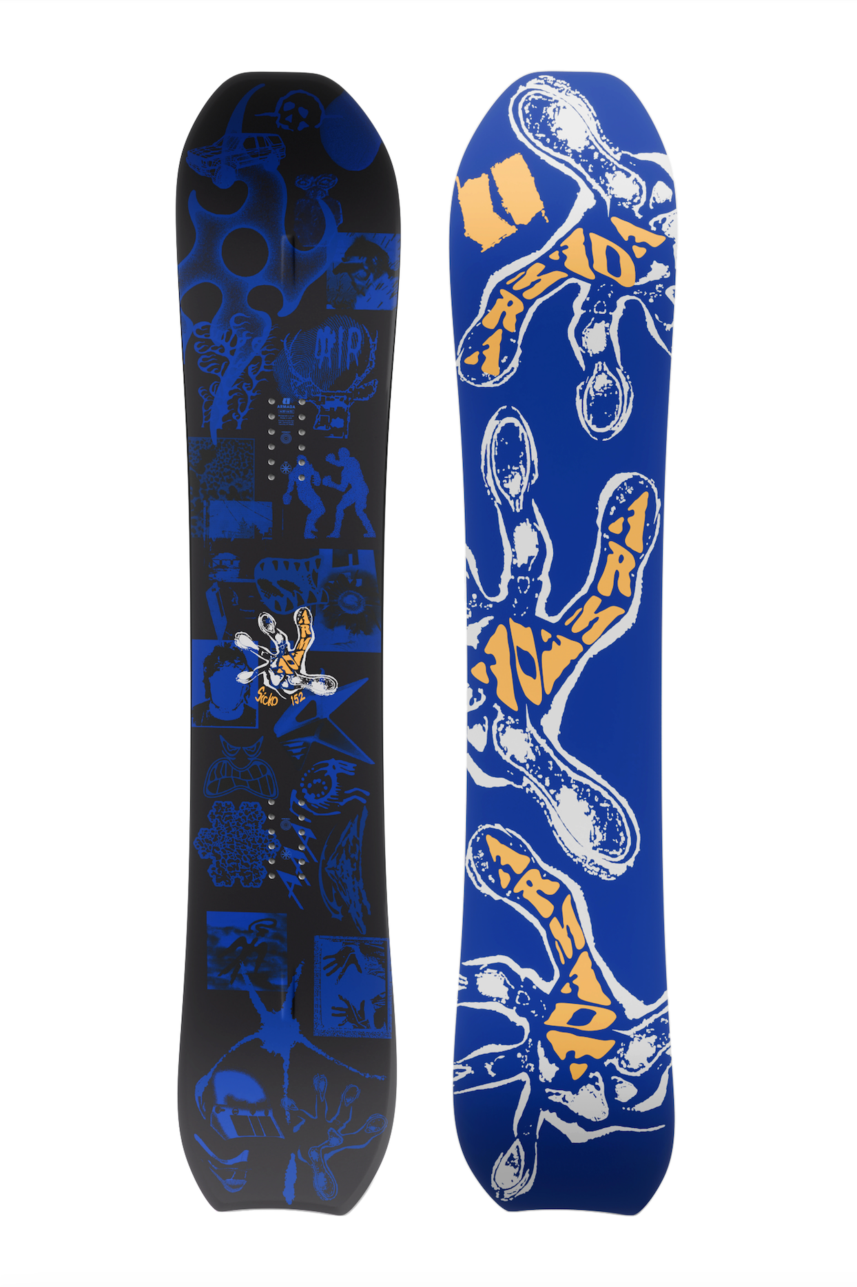 Armada Sicko snowboard 2027 featuring a sleek design, displayed on a snowy landscape with mountain backdrop.