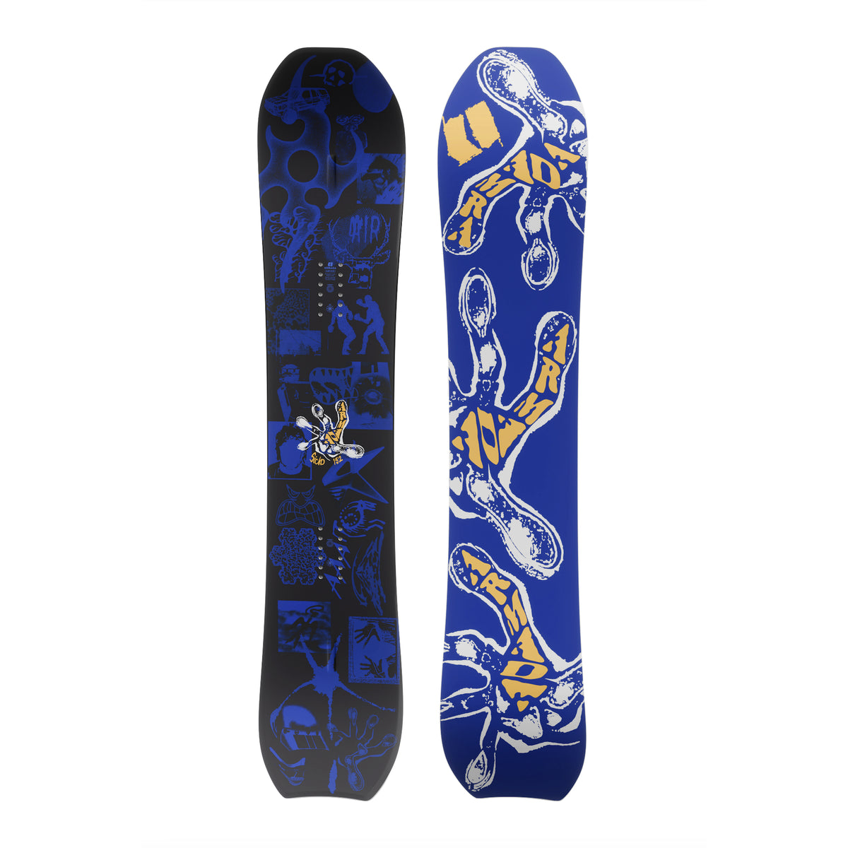 Armada Sicko snowboard deck shown upright against a plain white background, each featuring a bold graphic design in blue, black, and yellow. The left side has a dark blue and black abstract collage with small illustrated figures and symbols, while the right side has a vivid royal blue background with large white and yellow abstract shapes and lettering.