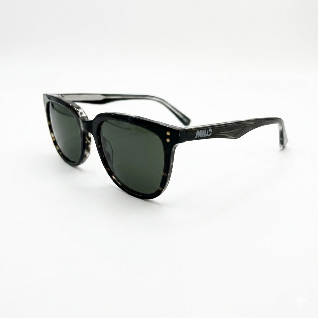 Black sunglasses with a brand logo on a white background
