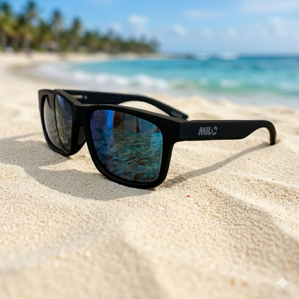 Black sunglasses with blue reflective lenses on a sandy beach with ocean and sky in the background