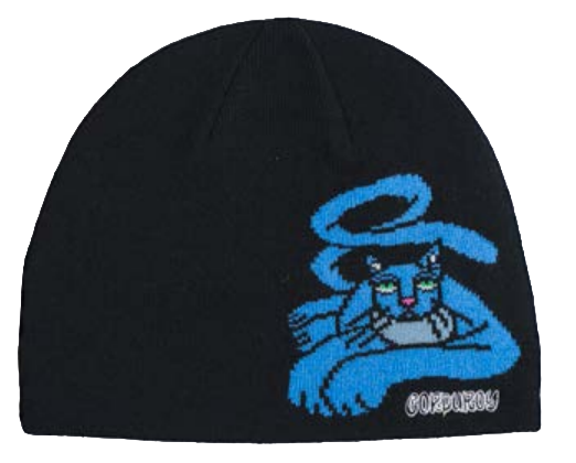 Blue Corduroy Cat Beanie by Jamie Lynn, unisex knit hat featuring a cute cat face design in vibrant blue.