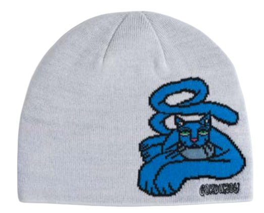 Blue corduroy cat beanie by Jamie Lynn, unisex men's and women's warm knit hat with cat face design.