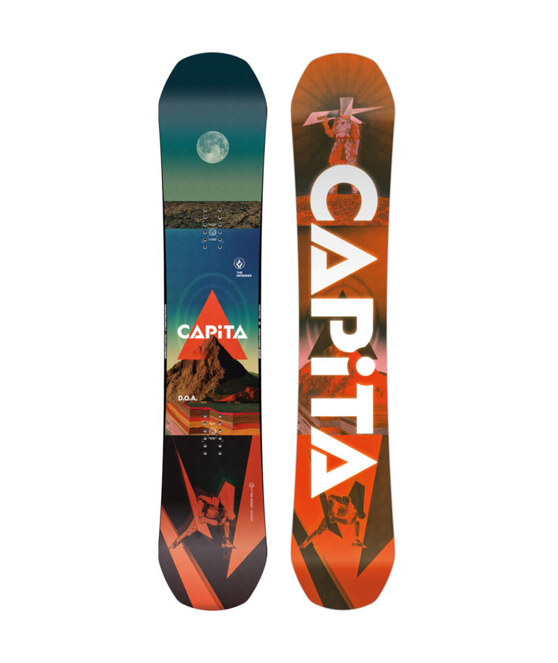 Capita Defenders of Awesome 2027 snowboard on snow, featuring a colorful graphic design and durable construction for all-mountain riding.