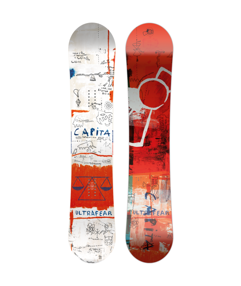 Capita Ultrafear Wide snowboard for snowboarding, showing its black and white graphic design with bindings attached.