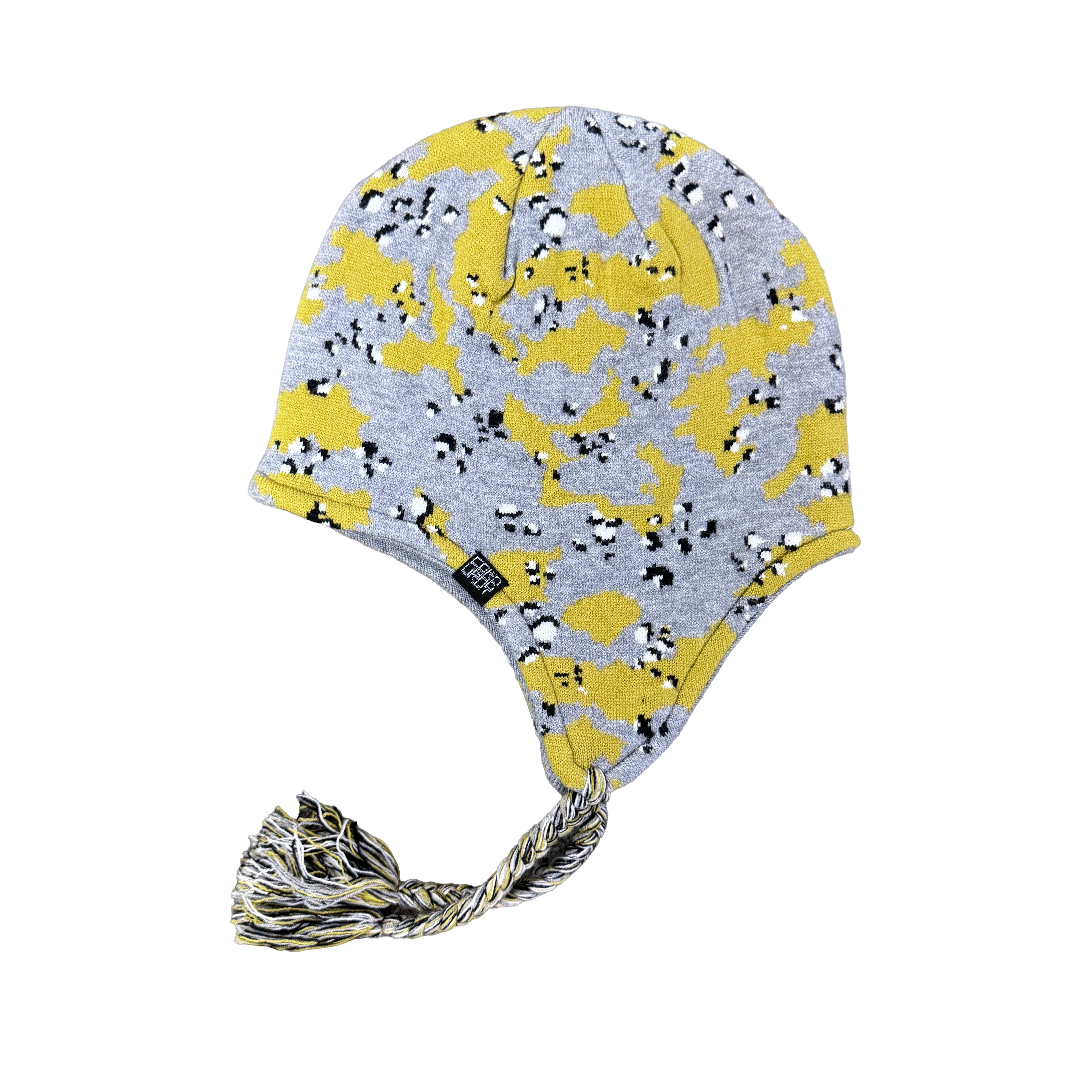Corduroy Chip Camo Ear Flap Beanie for men and women, featuring a camouflage pattern and ear flaps for warmth.