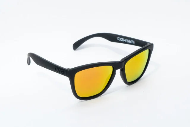 Dang Shades Premium OG sunglasses with black frames and fire-colored lenses, showcasing a stylish accessory for sun protection.