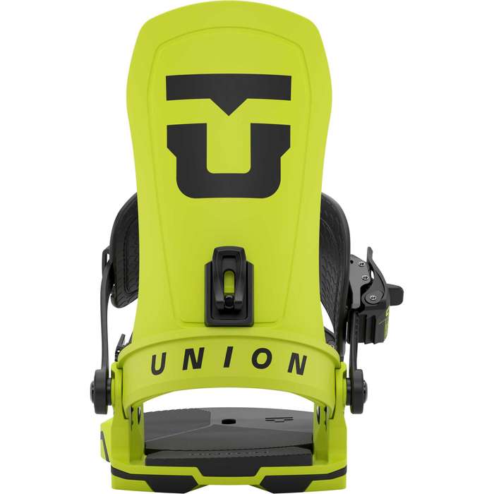 Union Force snowboard bindings 2026, black and silver with adjustable straps and high-back support, designed for winter snowboarding.