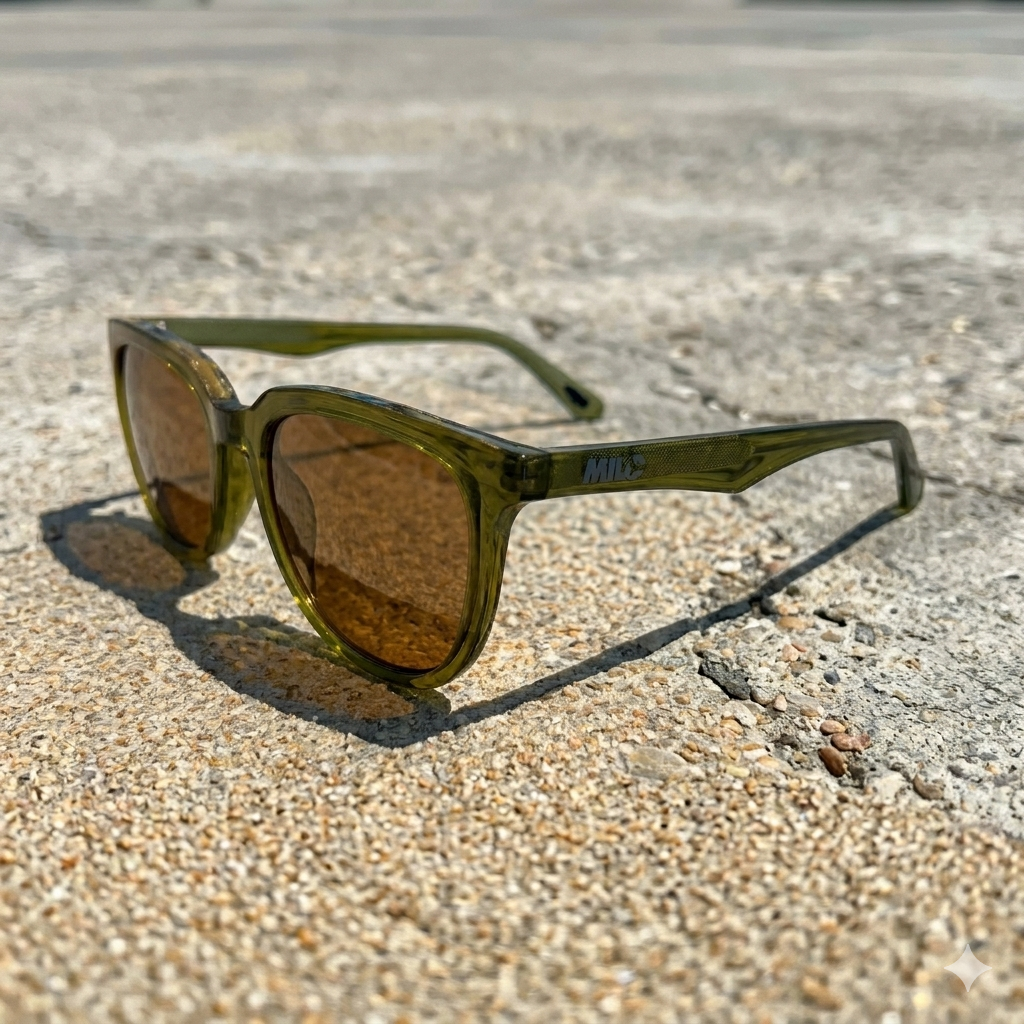 Green sunglasses with brown lenses on a concrete surface
