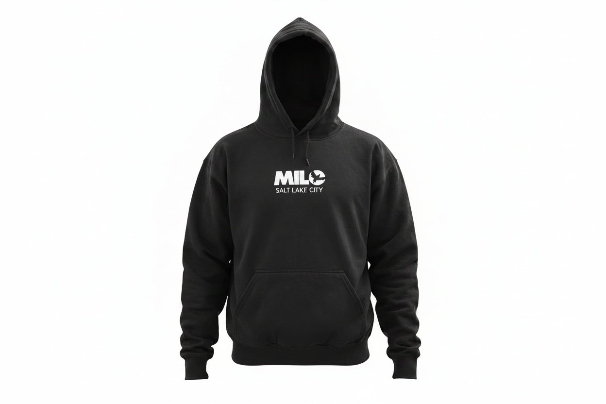 black Milosport men's Club Hoodie displayed on a hanger, showcasing the casual, comfortable sweatshirt with a hood and front pocket.