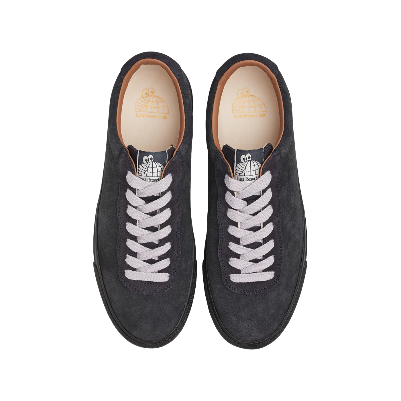 Top view of a pair of Last Resort AB VM001 Lo Suede skate shoes showing white laces, tan padded collars, Last Resort tongue labels and Cloudy Cush insoles.