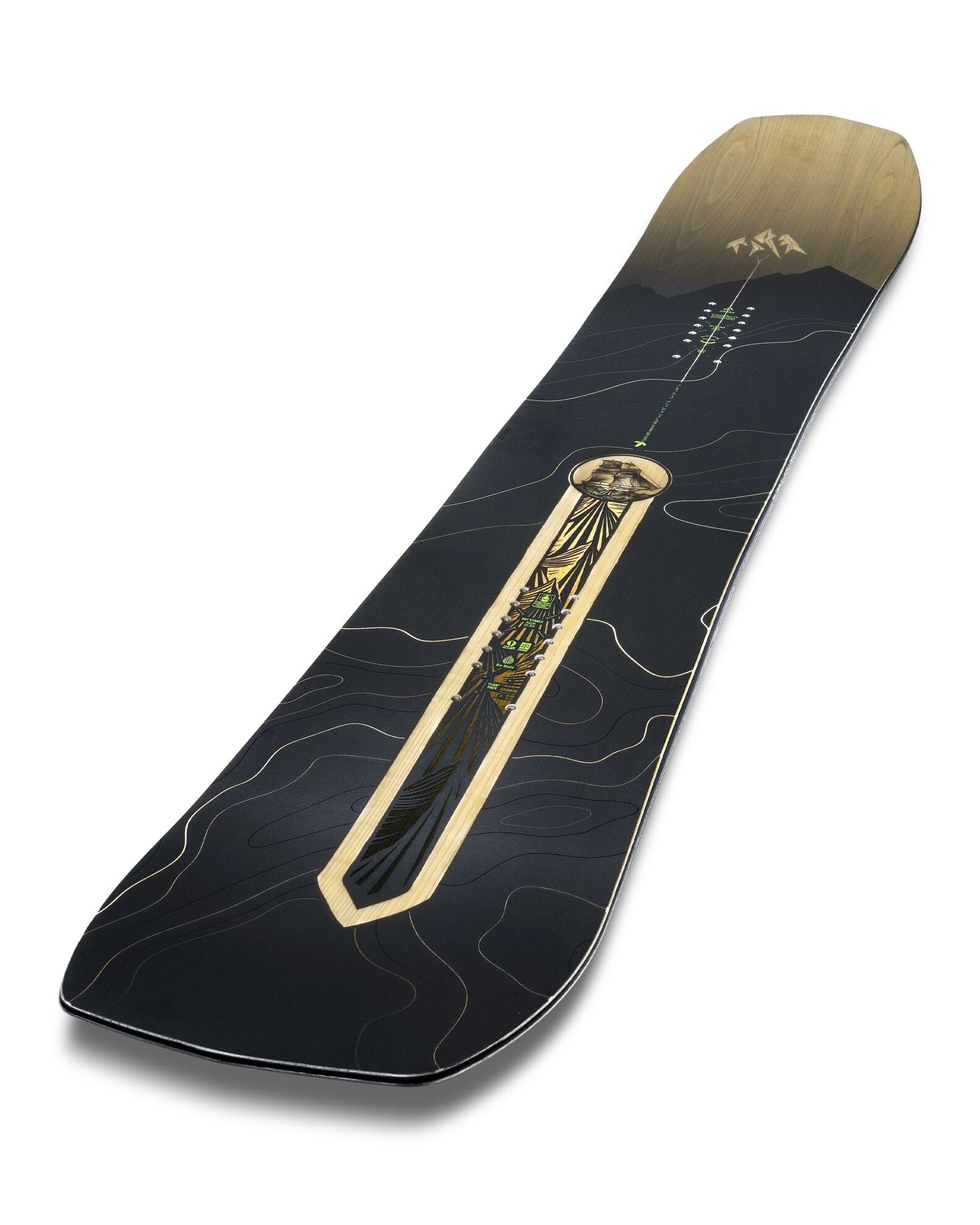 Jones Men's Flagship Snowboard 2027 top view showing the snowboard's graphic and design details on the snow surface.