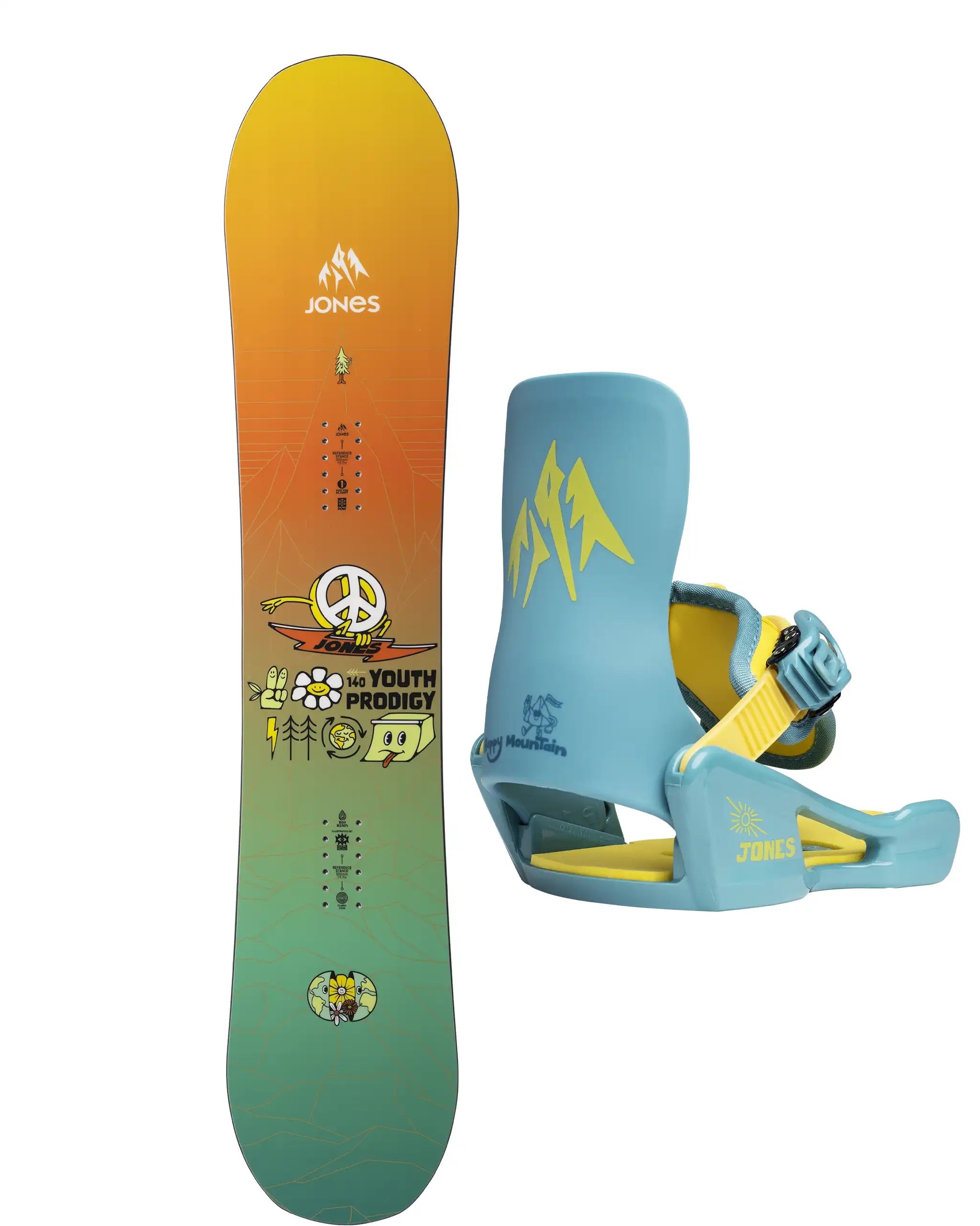 Jones Kids Prodigy Snowboard Package 2027 with snowboard, bindings, and gear for young riders on snowy slopes.