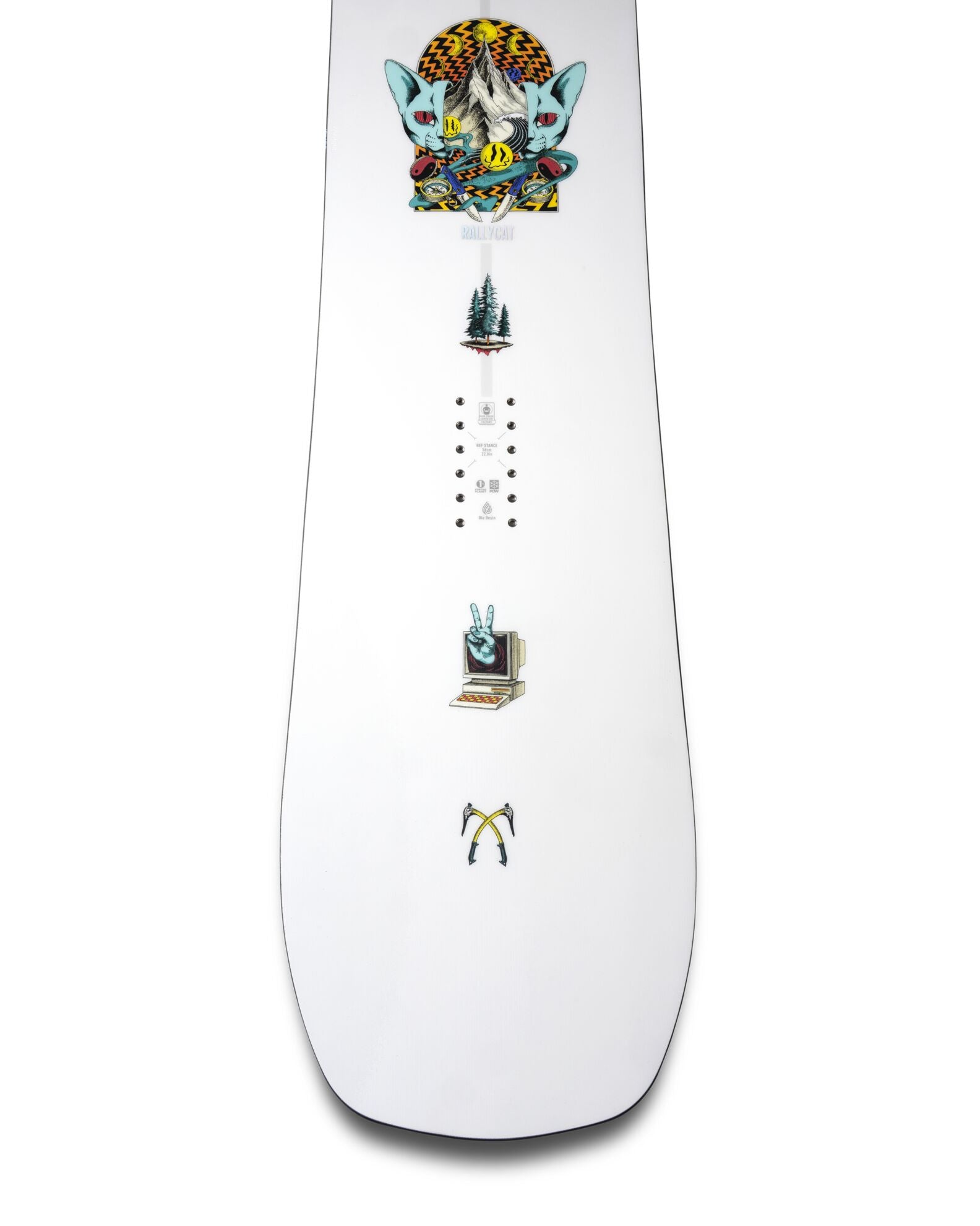Jones Mens Rally Cat Snowboard 2027 in Milosport tail shot, showcasing its design and shape for snowboarding.