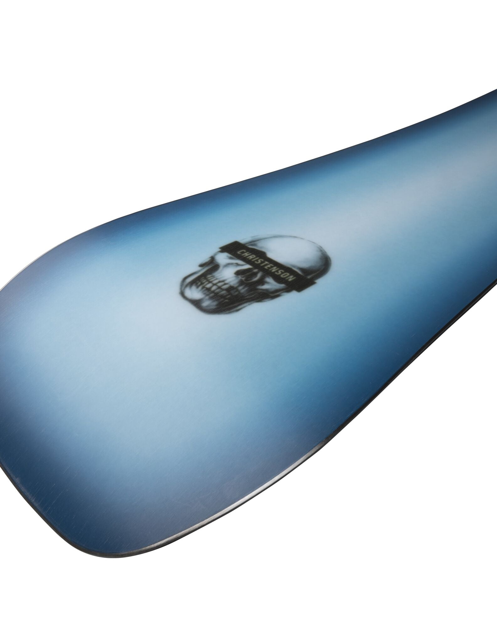 Jones Mind Expander 2 snowboard showing the base with a skull design at the tail, ideal for all-mountain snowboarding.