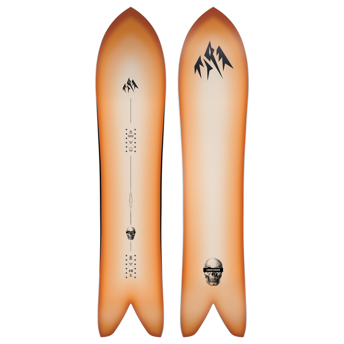 Jones Storm Chaser 2027 snowboard with a rugged design, shown from an overview angle on snow, highlighting its shape and model details.
