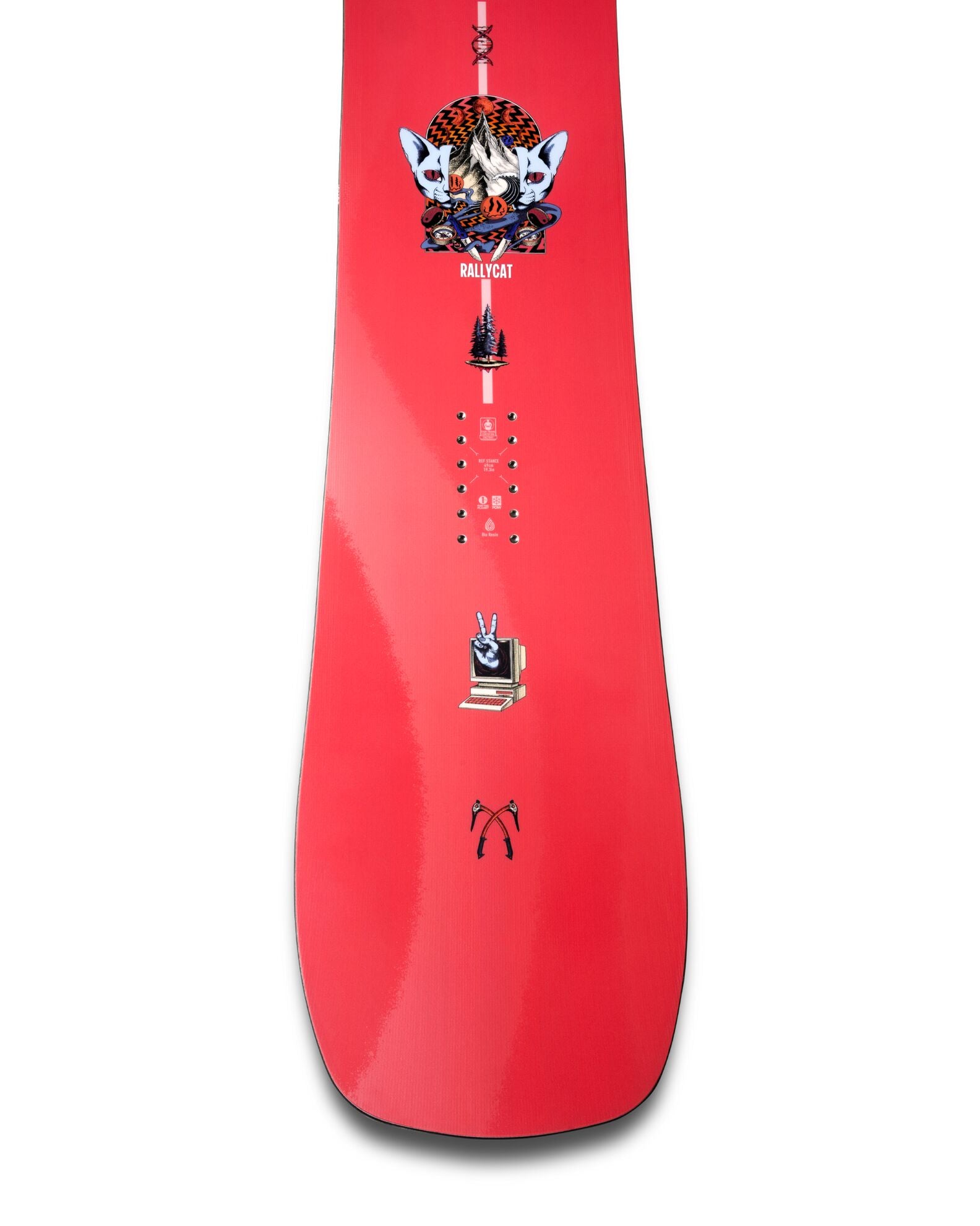 Jones Women's Rally Cat Snowboard 2027, side view showing the snow-ready deck with team graphics and durable construction.