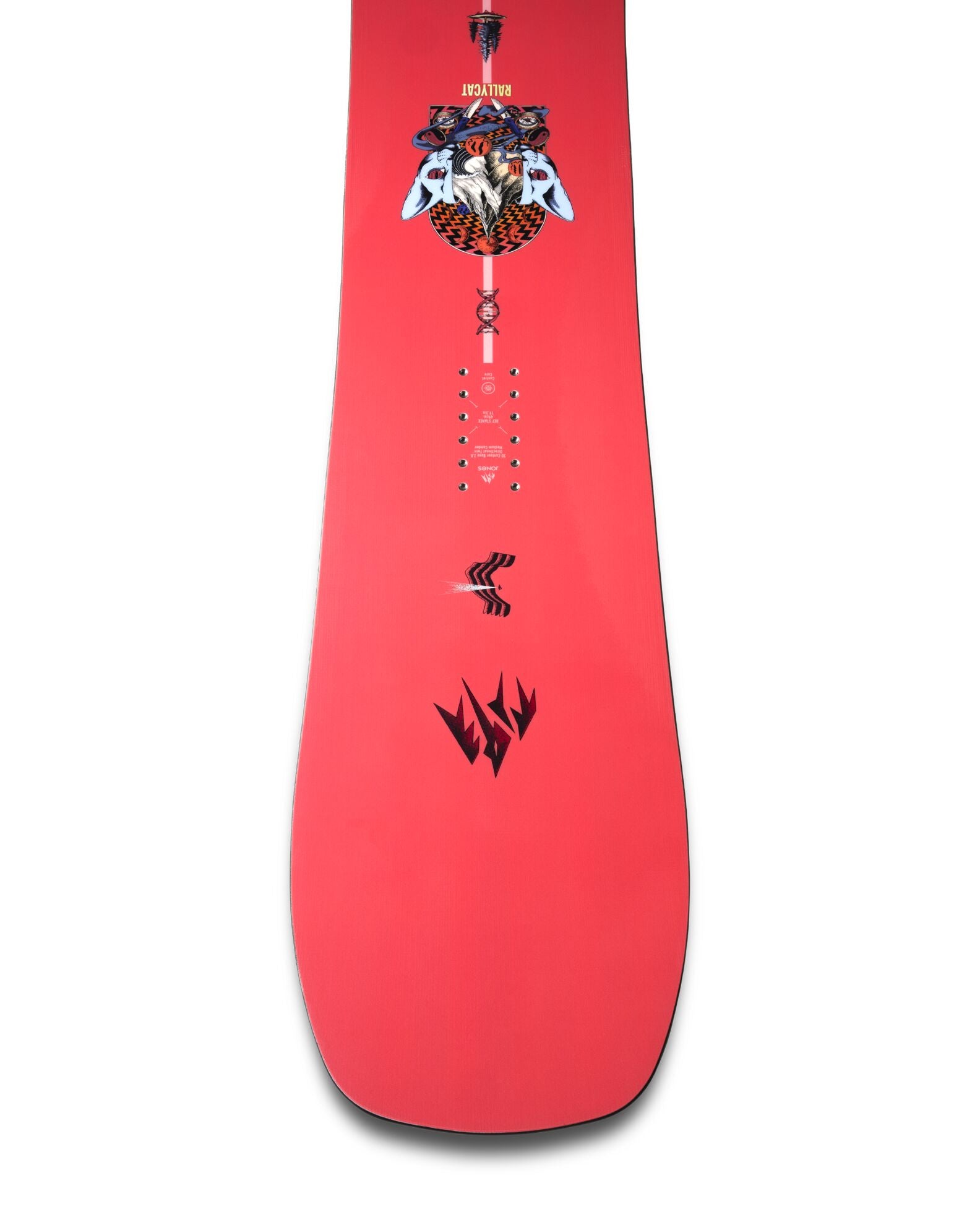 Jones Women's Rally Cat snowboard 2027 with a colorful graphic design, shown from the tip shot on snow.
