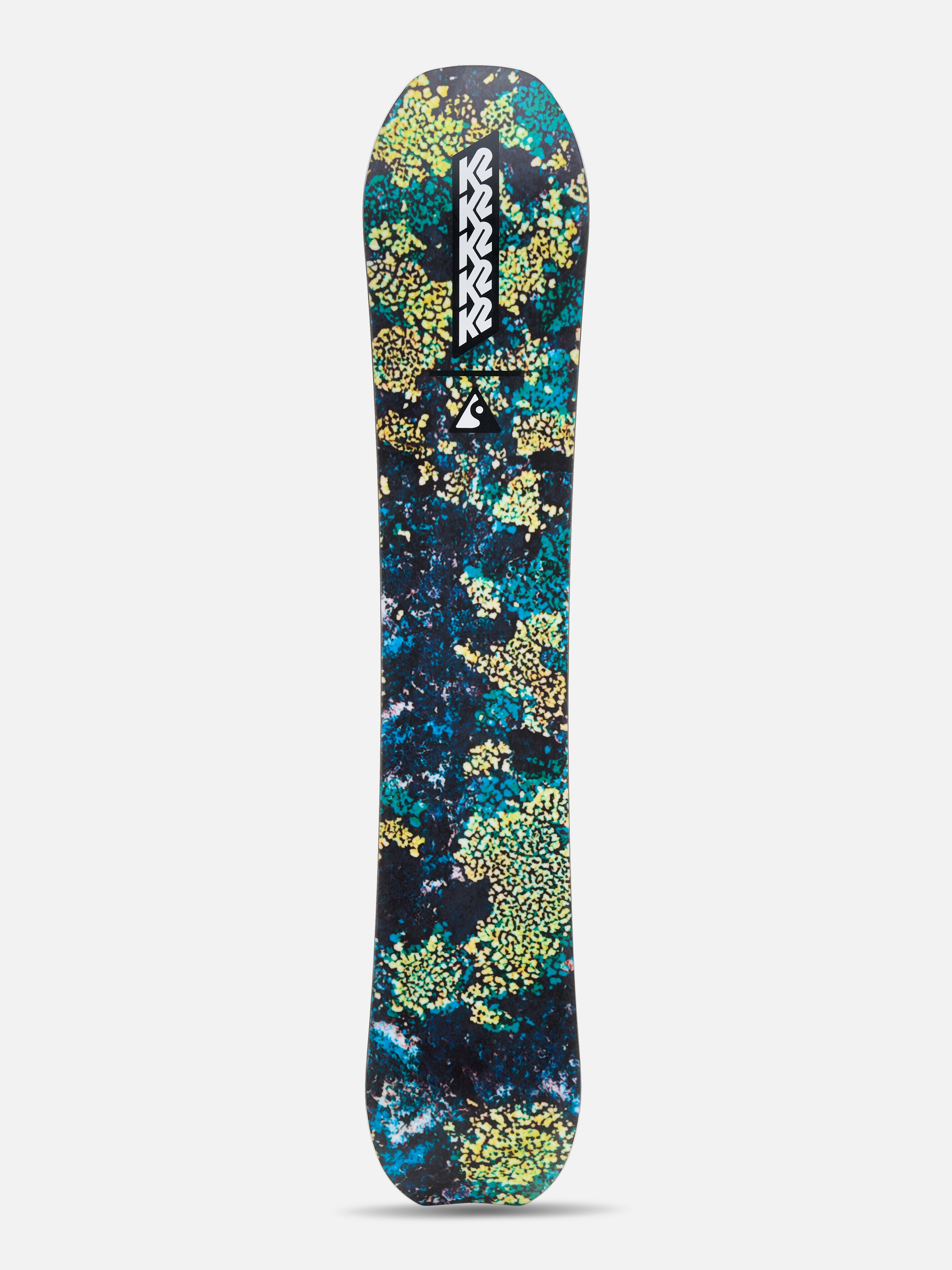 K2 Passport Snowboard 2027 with textured base and graphic design, shown from an overhead view in a studio setting.