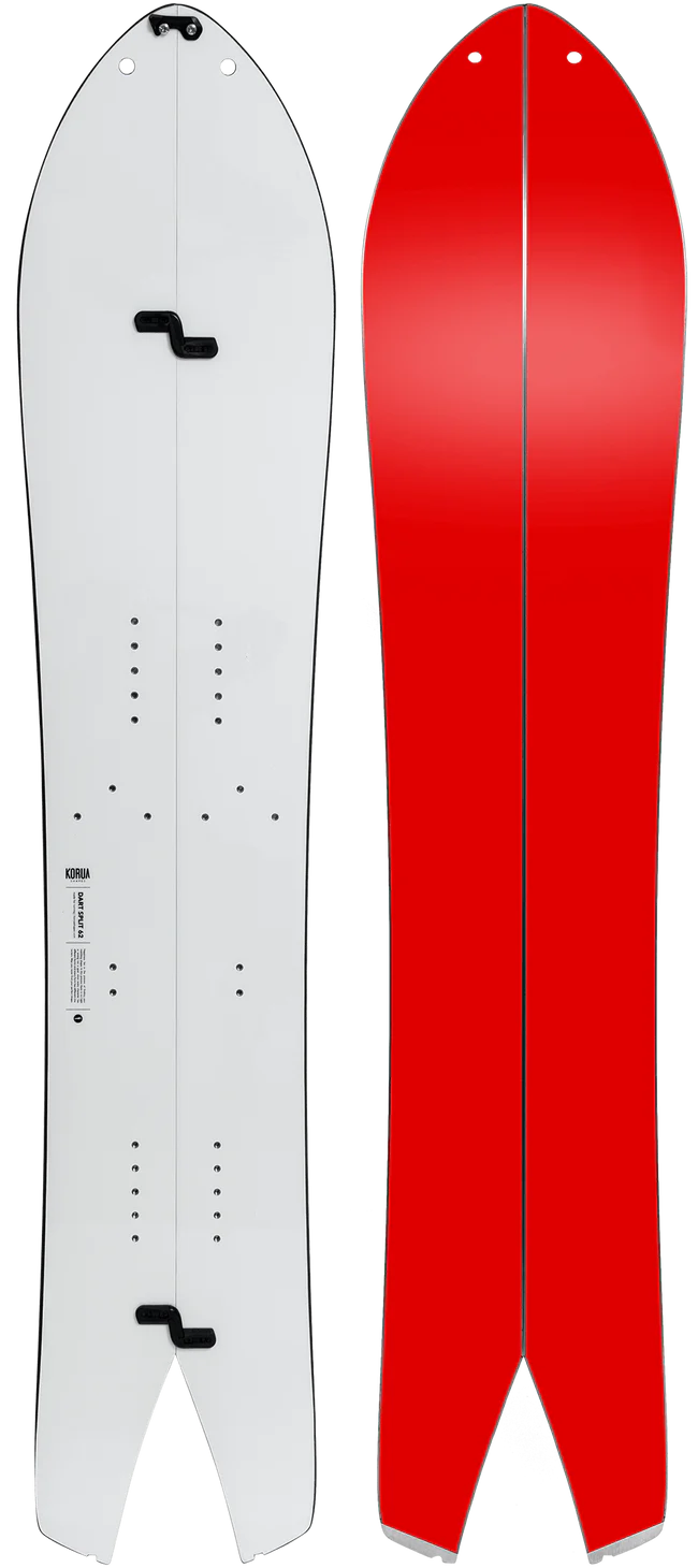Korua Dart Split Snowboard in snow, showing its splitboard design and graphics, ideal for backcountry snowboarding adventures.