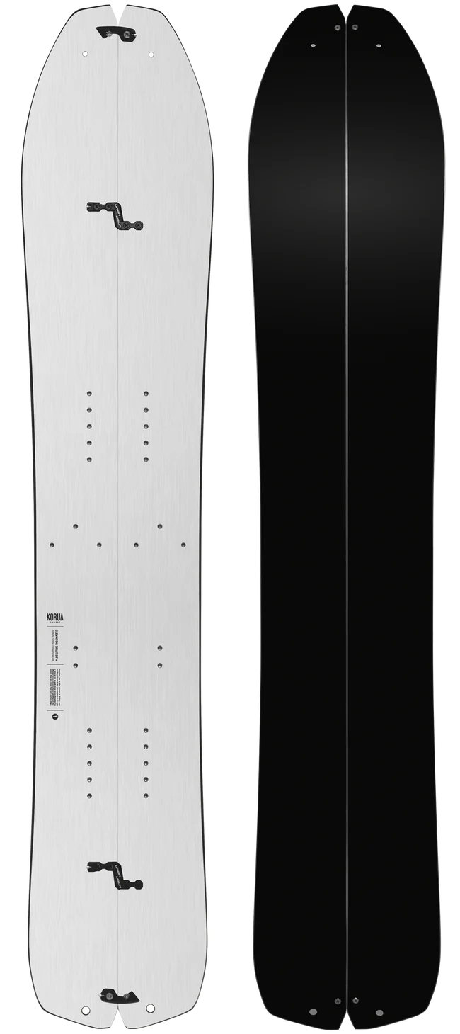 Korua Elevator Split Plus snowboard for snowboarding, featuring a split design and durable construction, shown on a snowy landscape.