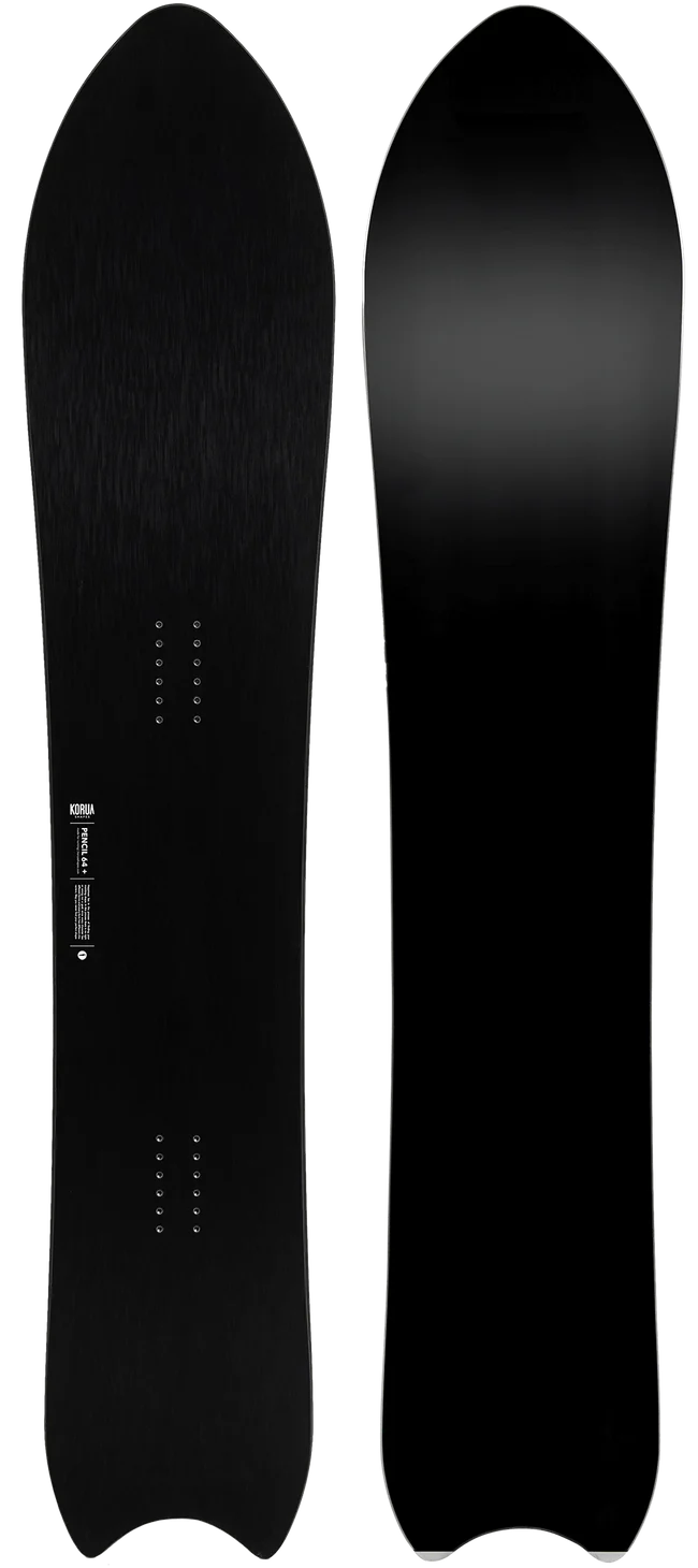 Korua Pencil Plus snowboard in snow, featuring a sleek design with a pointed nose and twin tip shape for versatile riding.