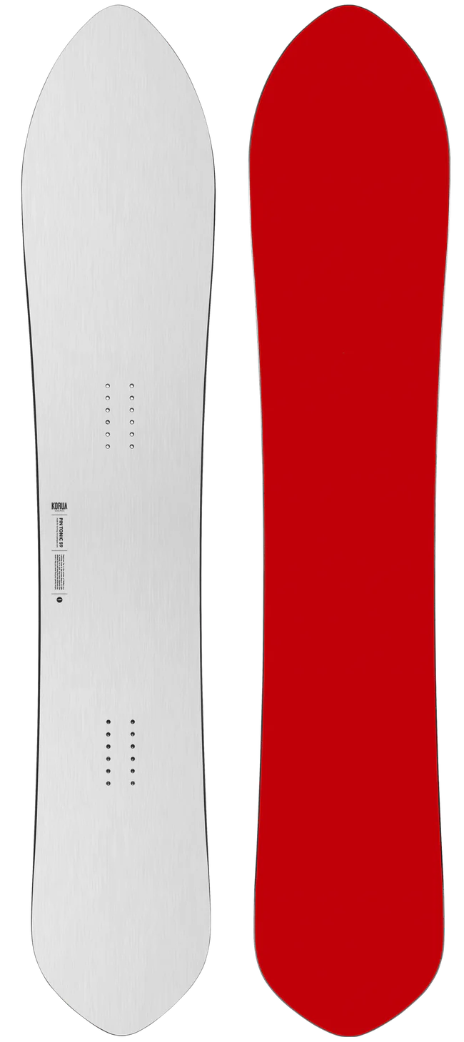 Korua Pin Tonic Snowboard in snow, showcasing its design and shape for winter snowboarding adventures.