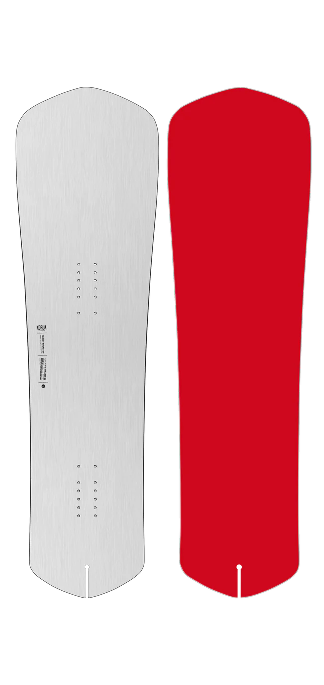 Korua Pocket Rocket snowboard in snow, showcasing its design and structure for winter snowboarding.