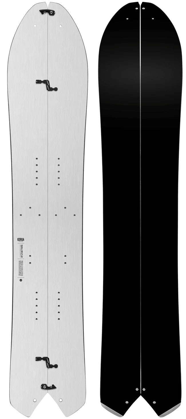 Korua Quill Split Snowboard for snowboarding, featuring a split design and sleek graphics, ideal for backcountry snow adventures.