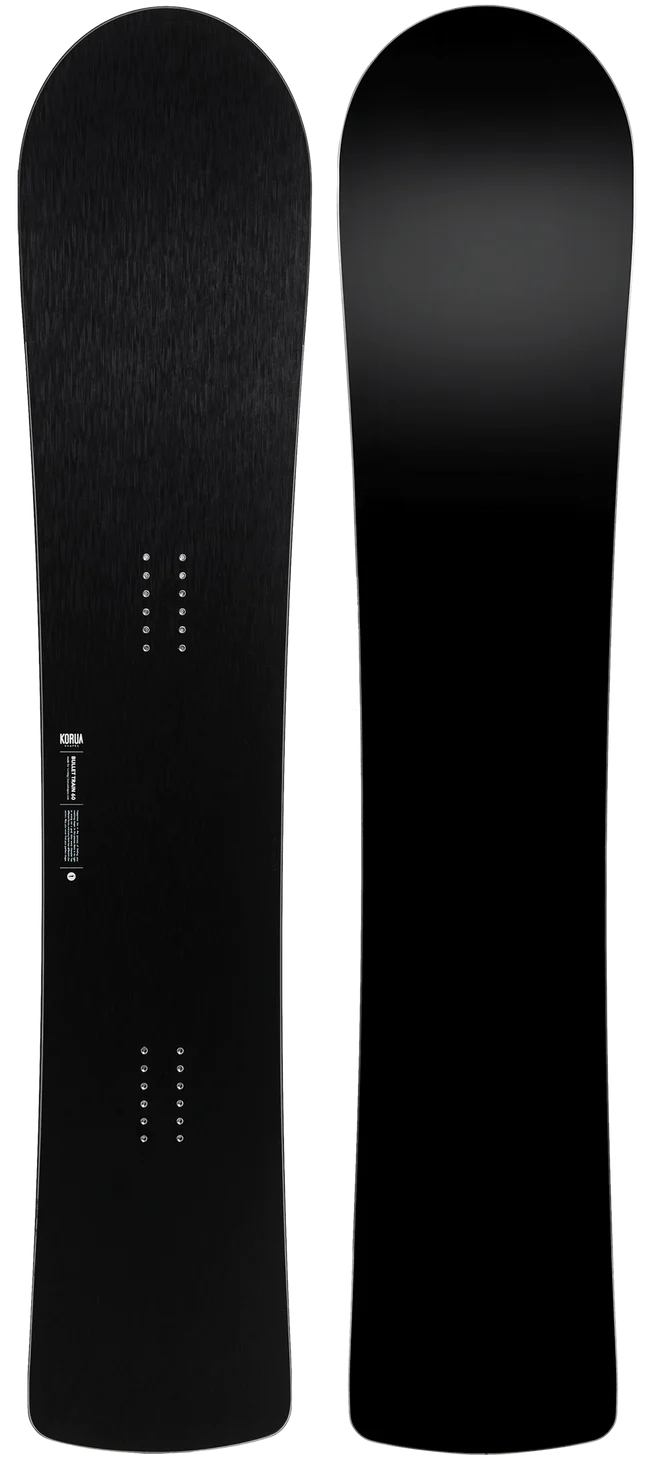 Korua Bullet Train Plus snowboard on snow, showcasing its shape and design by Korua for winter snowboarding.