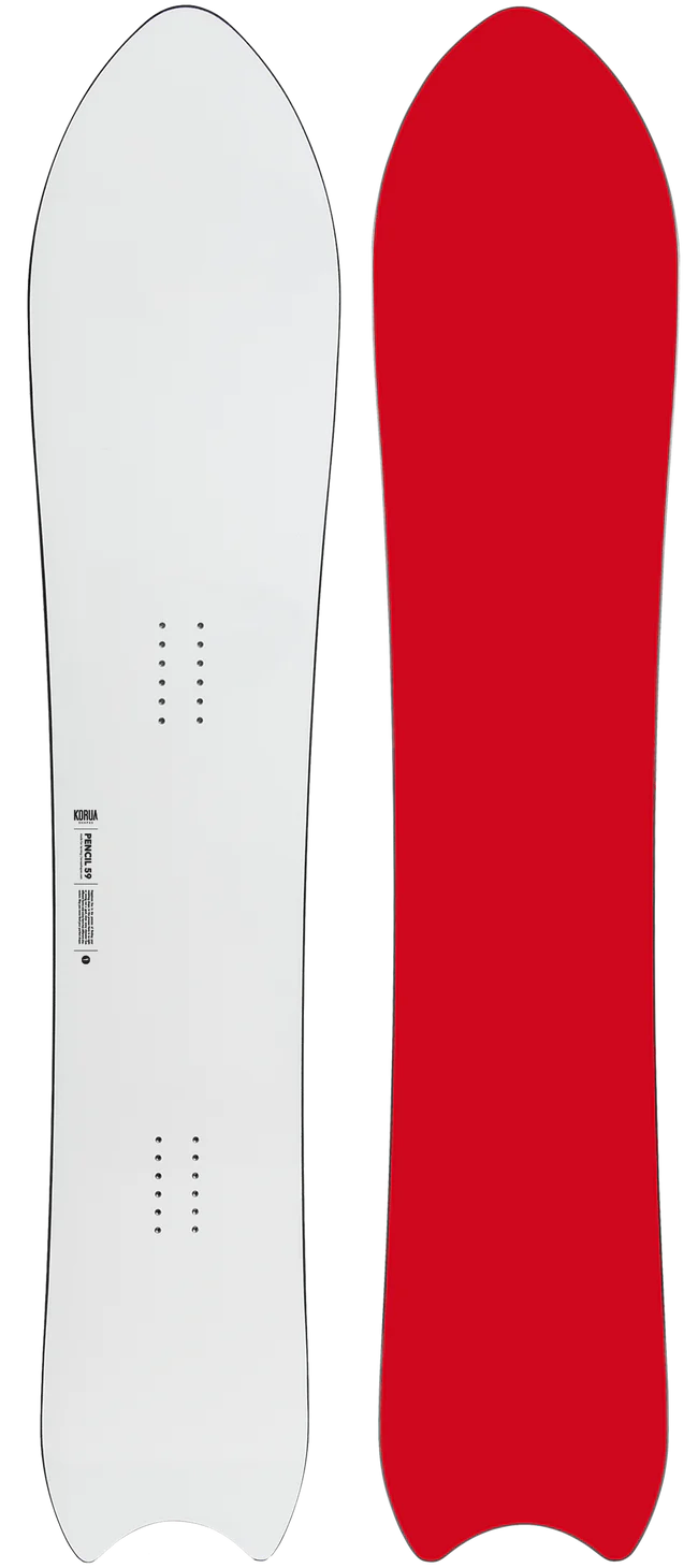 Korua Pencil snowboard in snow, showcasing its unique shape and design by Korua for versatile snowboarding performance.