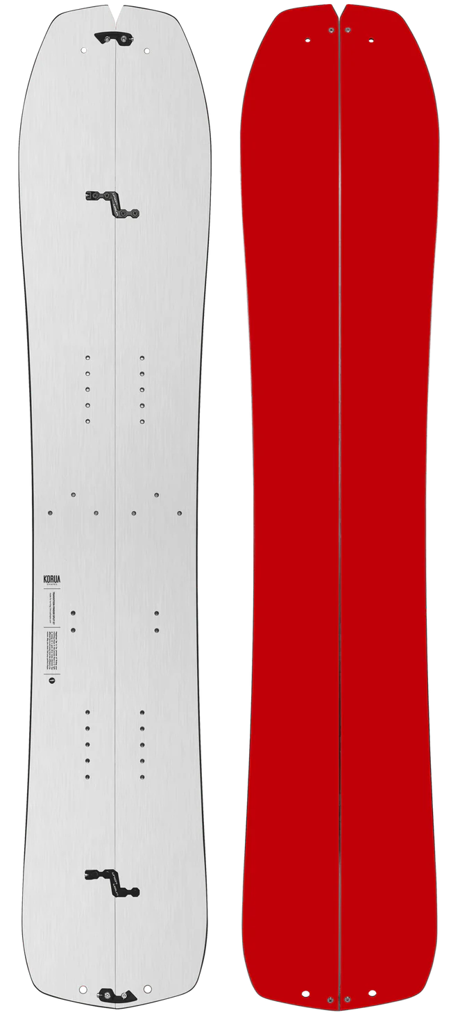 Korua Transition Finder Split Snowboard on snow, showcasing its design and split features for versatile snowboarding.