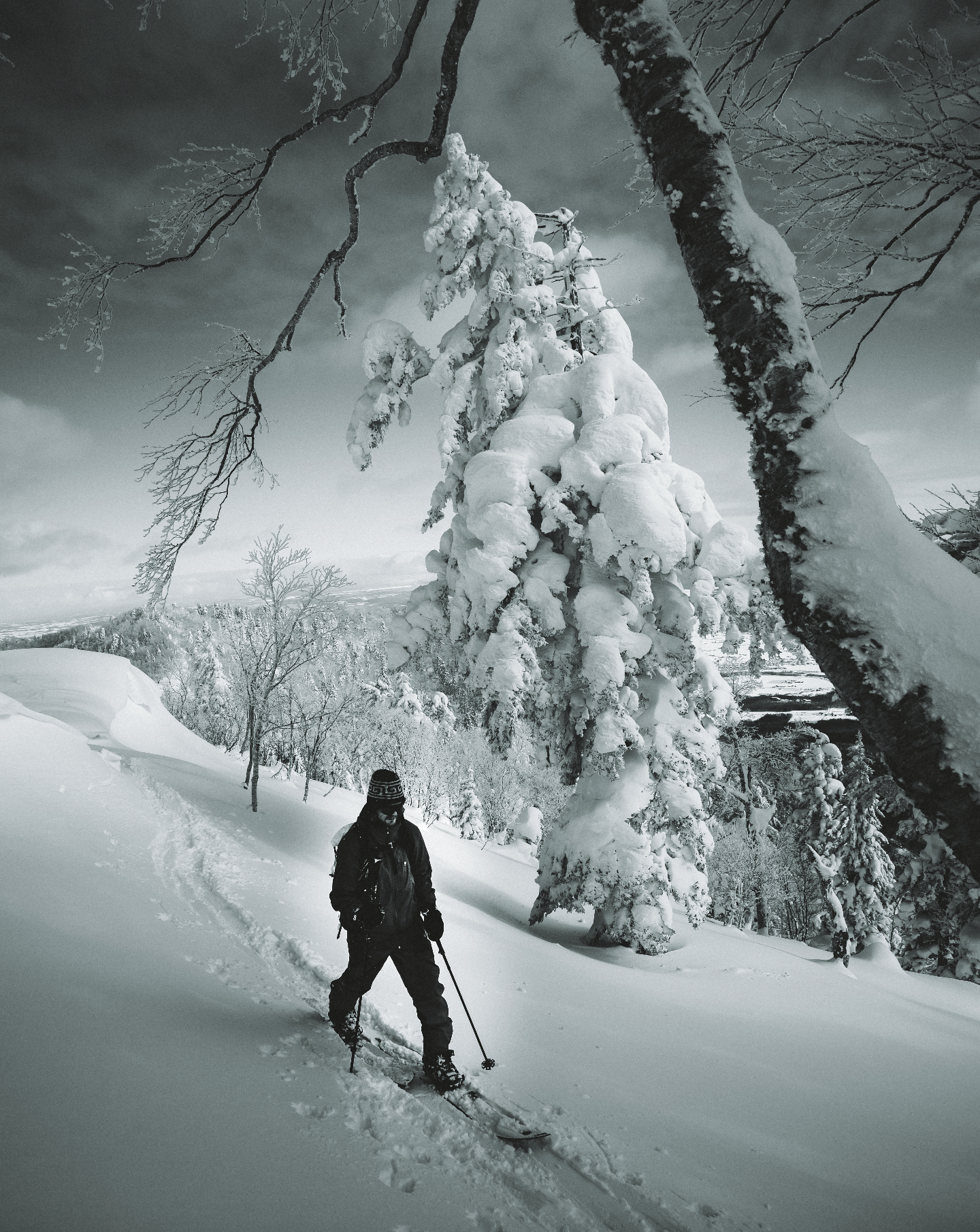 Korua Transition Finder Split Snowboard in snow, showing the board on snow with a person walking beside it.