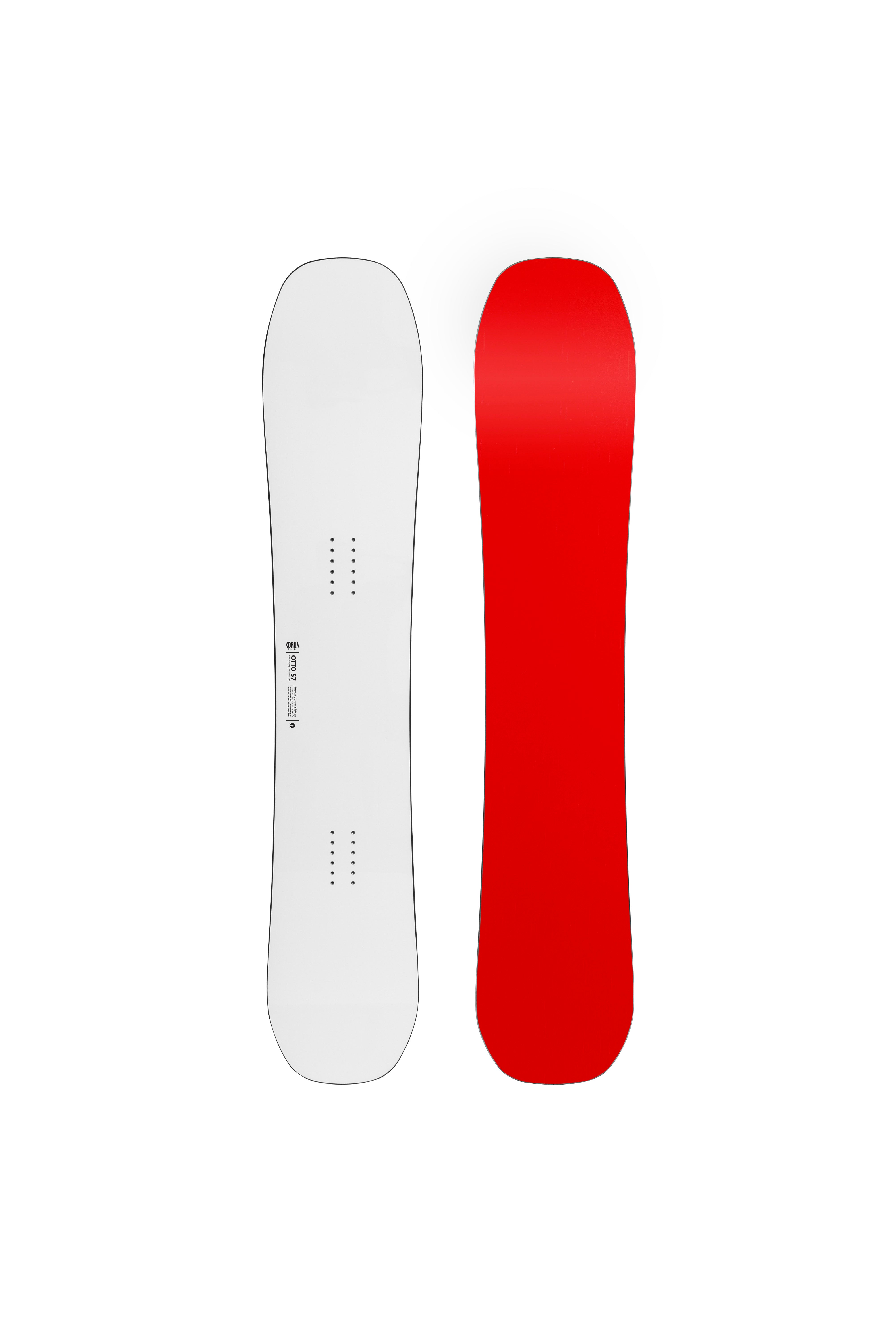 Korua Otto Snowboard showing the topsheet and base with distinctive graphics, designed for snowboarding adventures.
