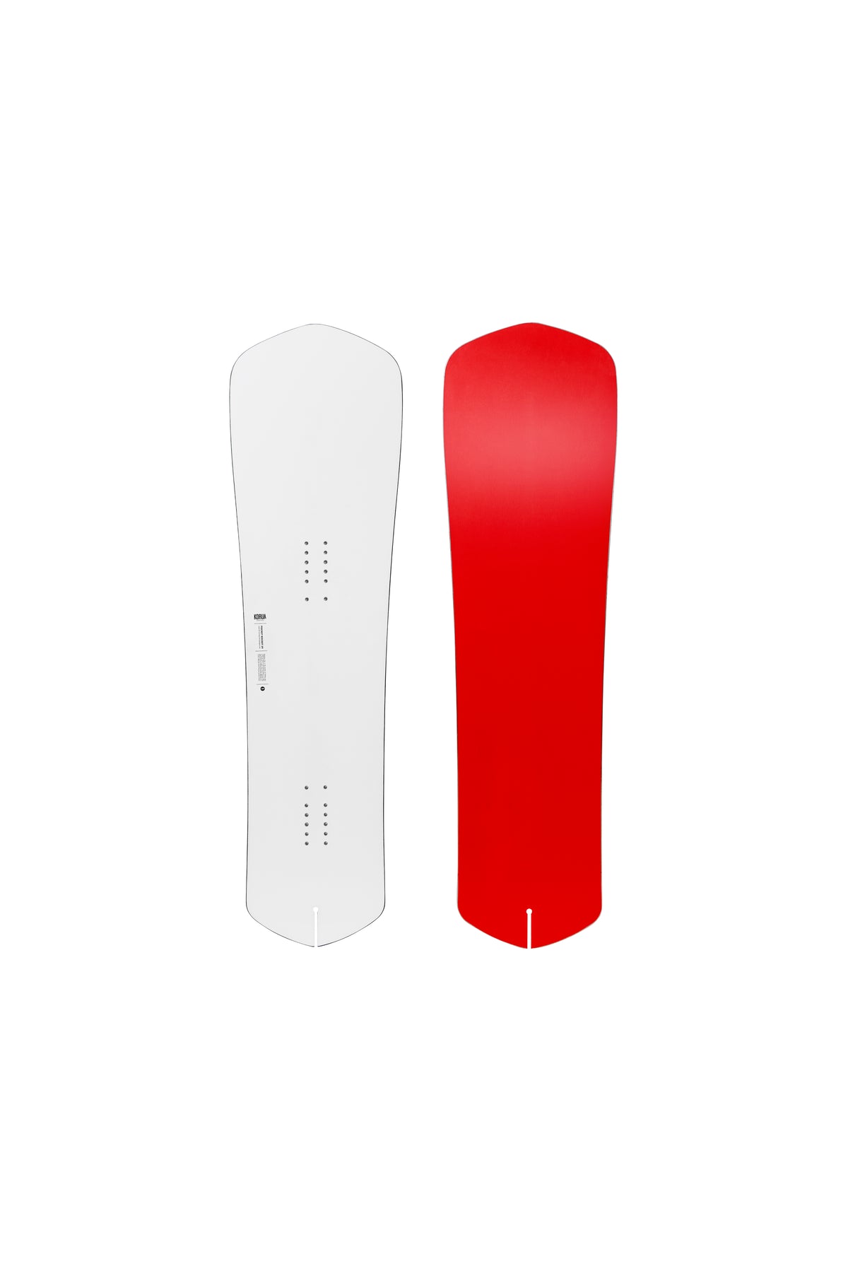 Korua Pocket Rocket snowboard with top and base view, showcasing its compact shape and design for snowboarding.