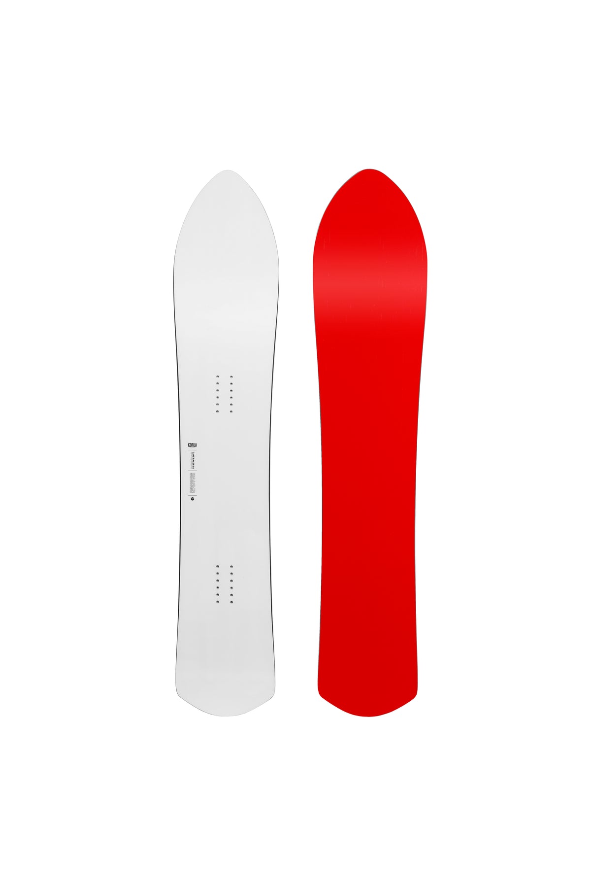 Korua Cafe Racer snow snowboard with a sleek design, featuring a twin tip shape ideal for versatile snowboarding styles.