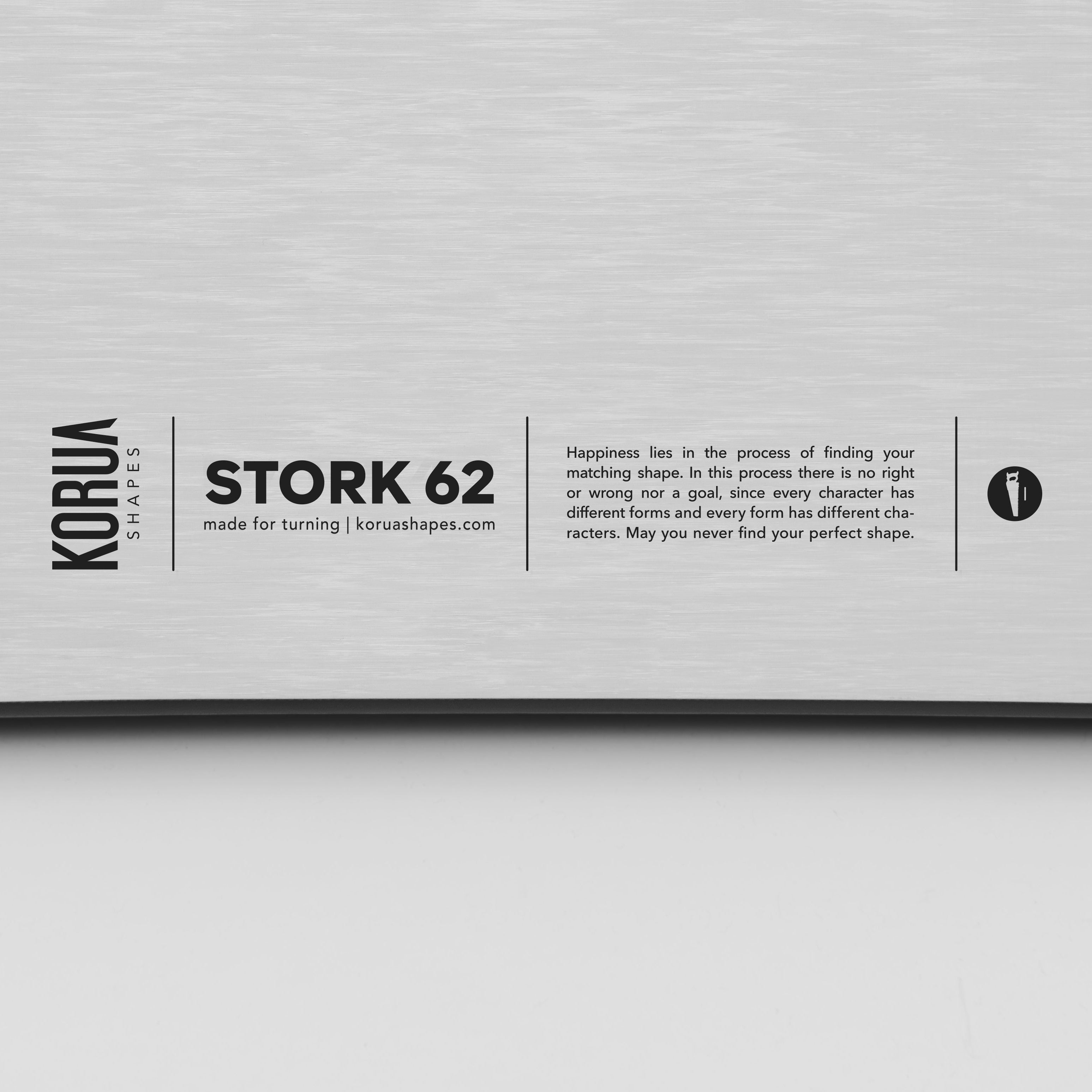 Koru Shapes stork 162 snowboard with branding and product information on the top sheet on a gray background