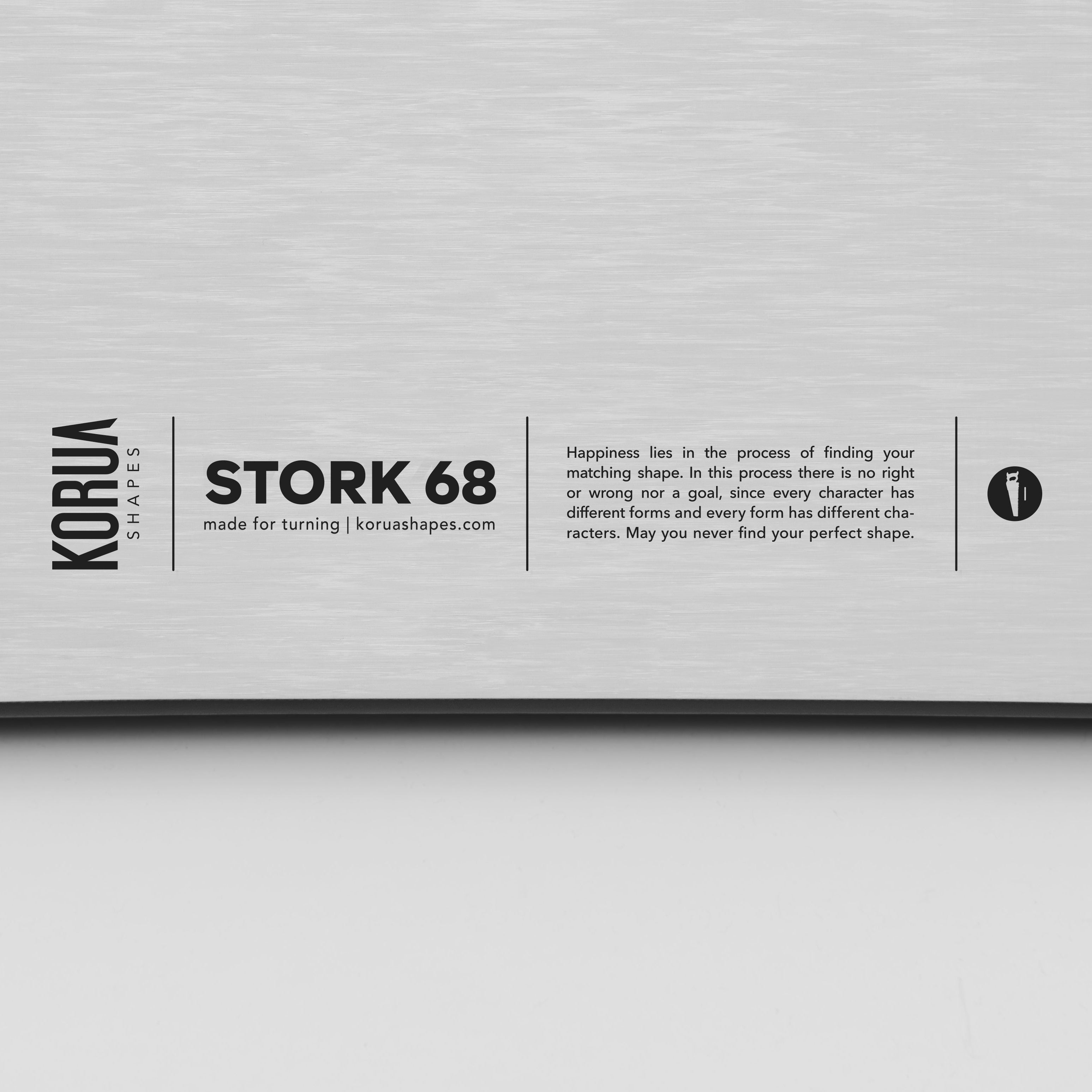 Koru Shapes stork 168 snowboard with branding and product information on the top sheet on a gray background