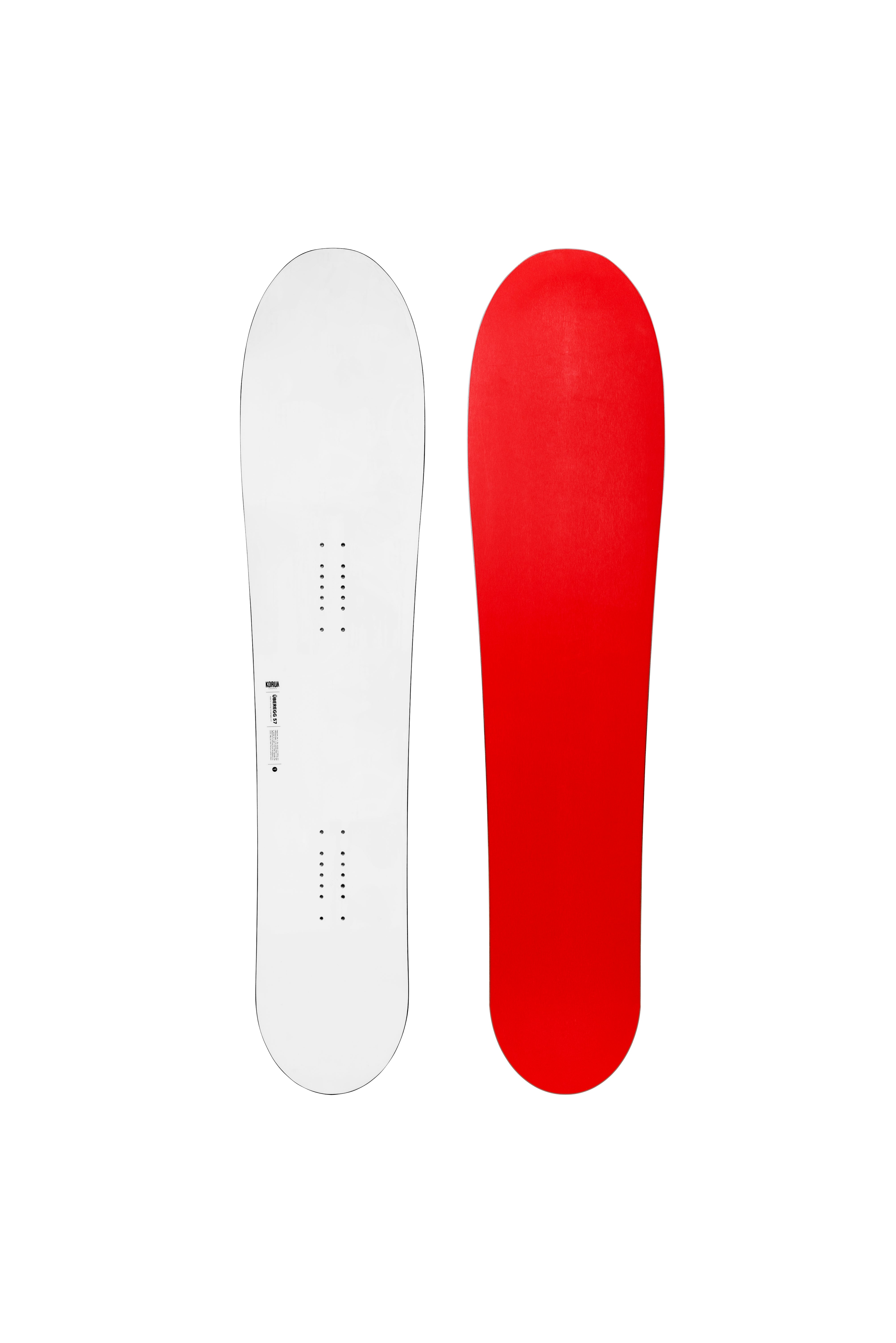 Korua Uberegg snowboard with top and base view, showcasing its shape and design for snowboarding performance.