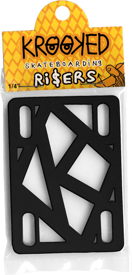 Krooked Skateboards 1/4-inch riser pads shown on a skateboard to prevent wheel bite and add clearance.