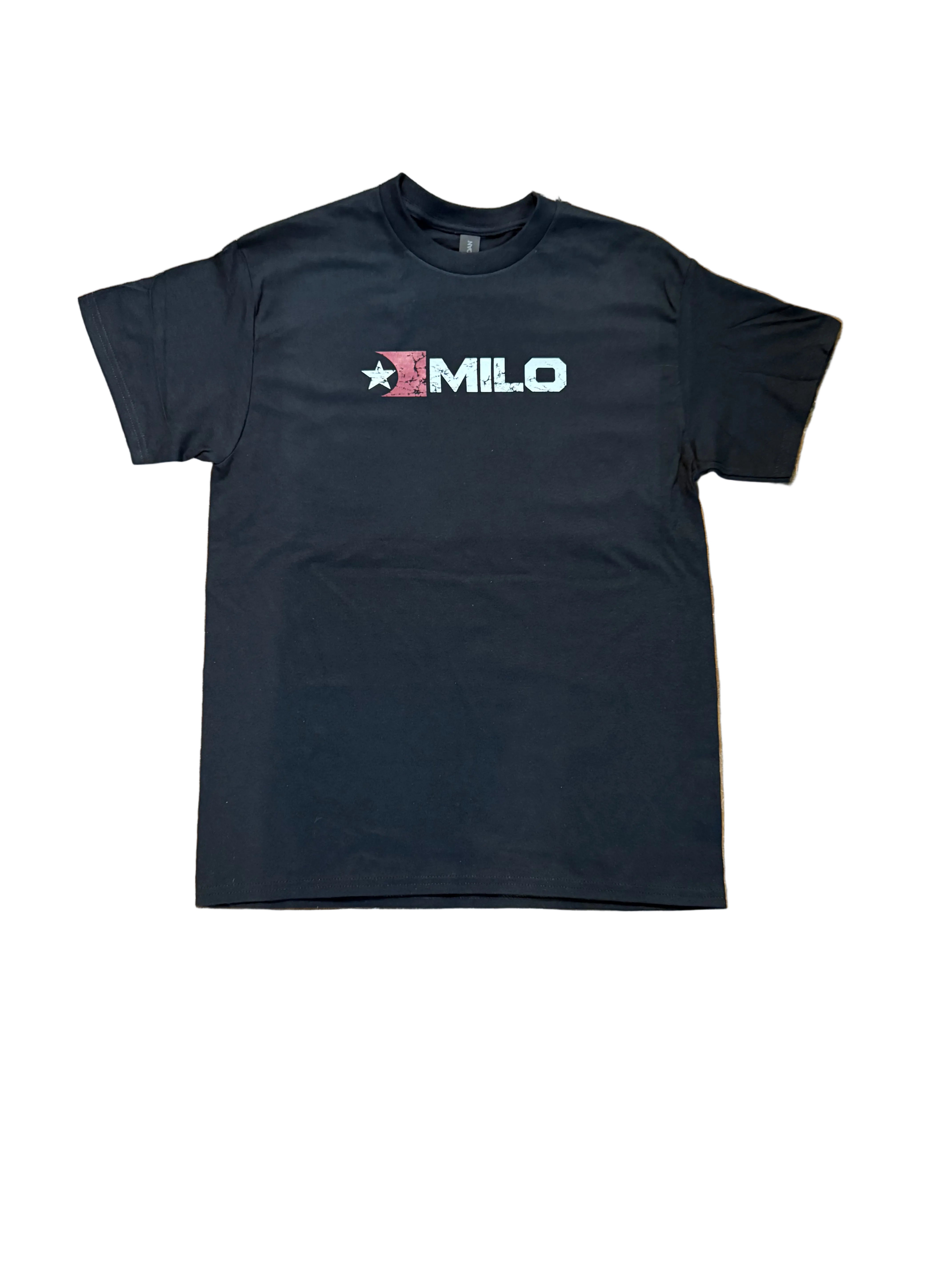 Black Milosport men's distressed flag T-shirt featuring a faded flag graphic on the front.