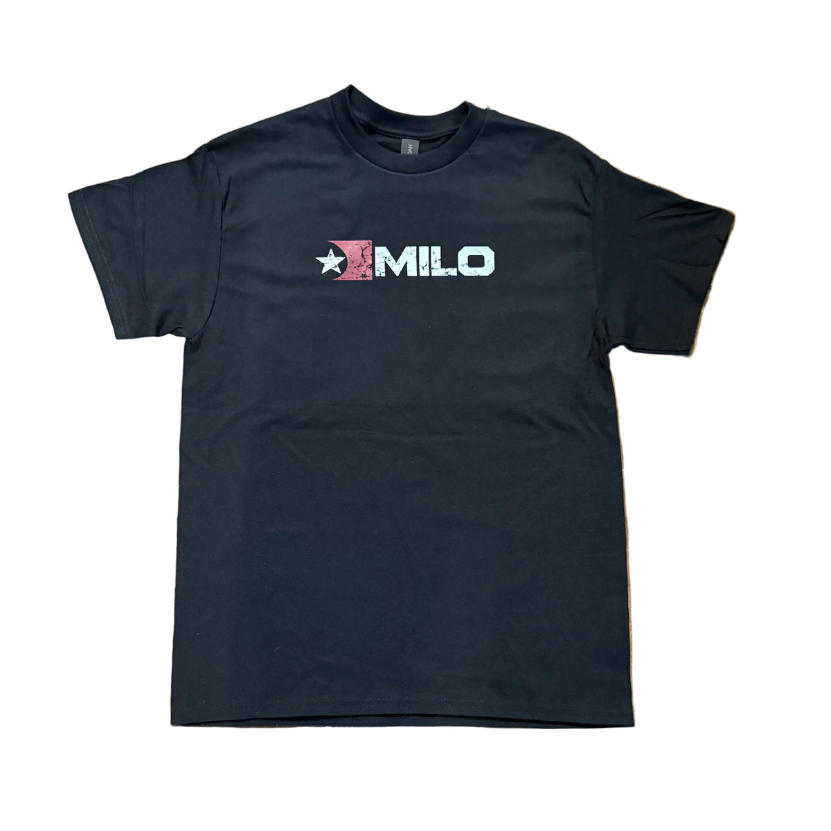 Black Milosport men's distressed flag T-shirt featuring a faded flag graphic on the front.