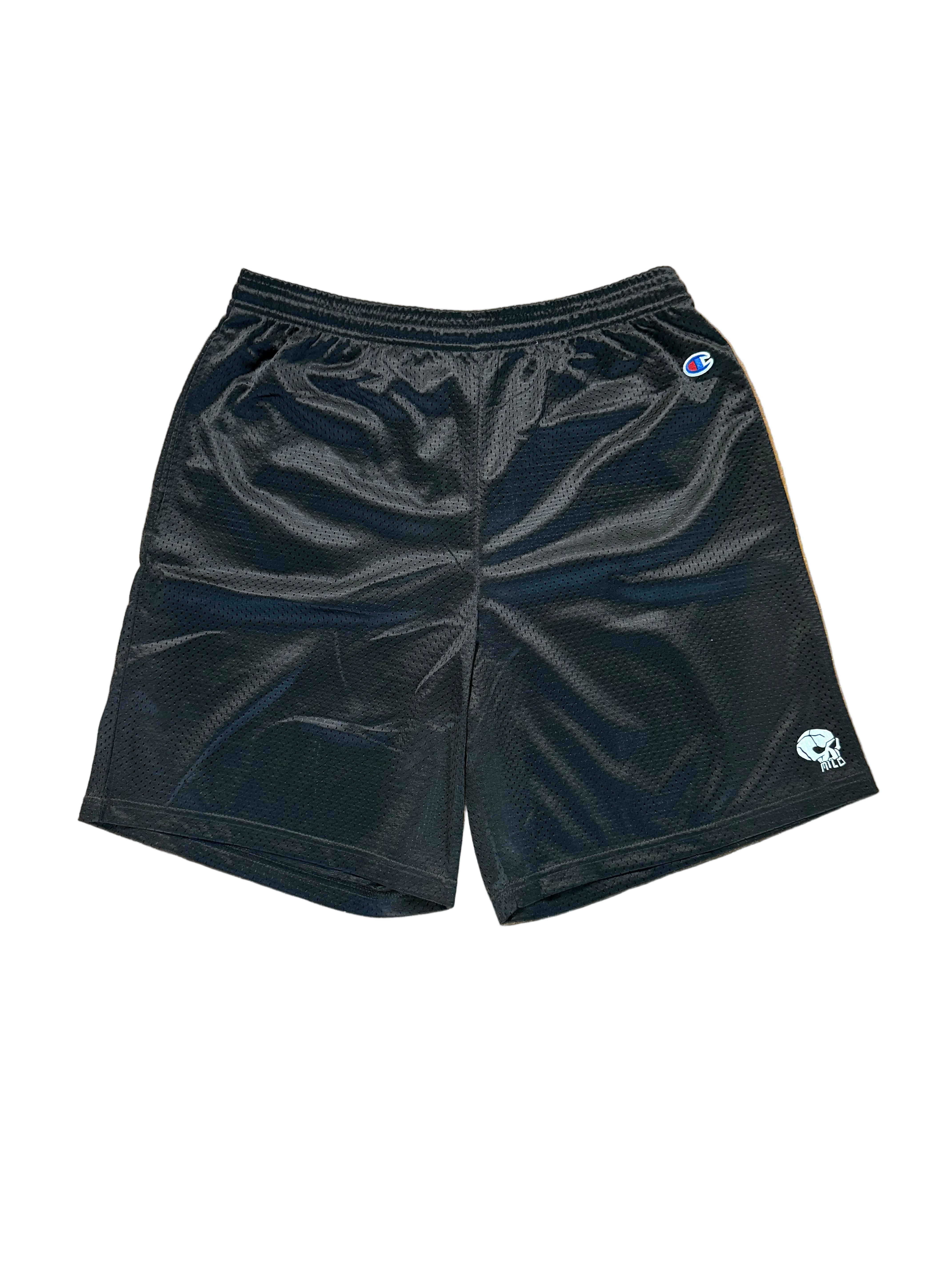 Black Milosport Mini Skull Champion Shorts for men, featuring a mesh design and premium athletic style.