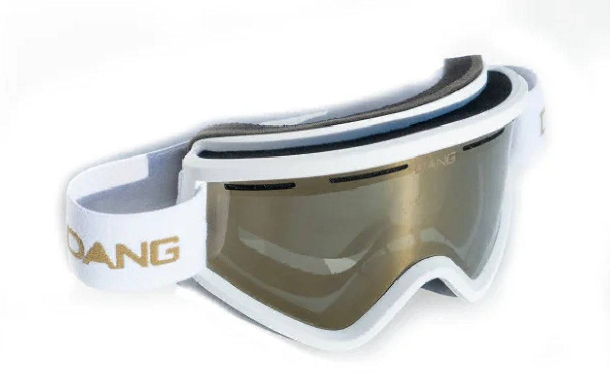 Dang Shades OG V.4 Snow Goggle with white frame, 24K bronze lens and white Dang logo strap.