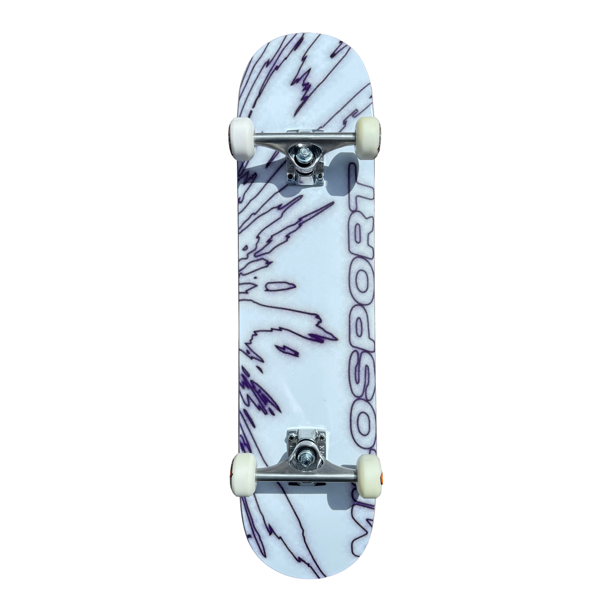 Milosport Fracture Complete Skateboard with white and purple Fracture deck, polished silver Krux trucks and white OJ wheels.