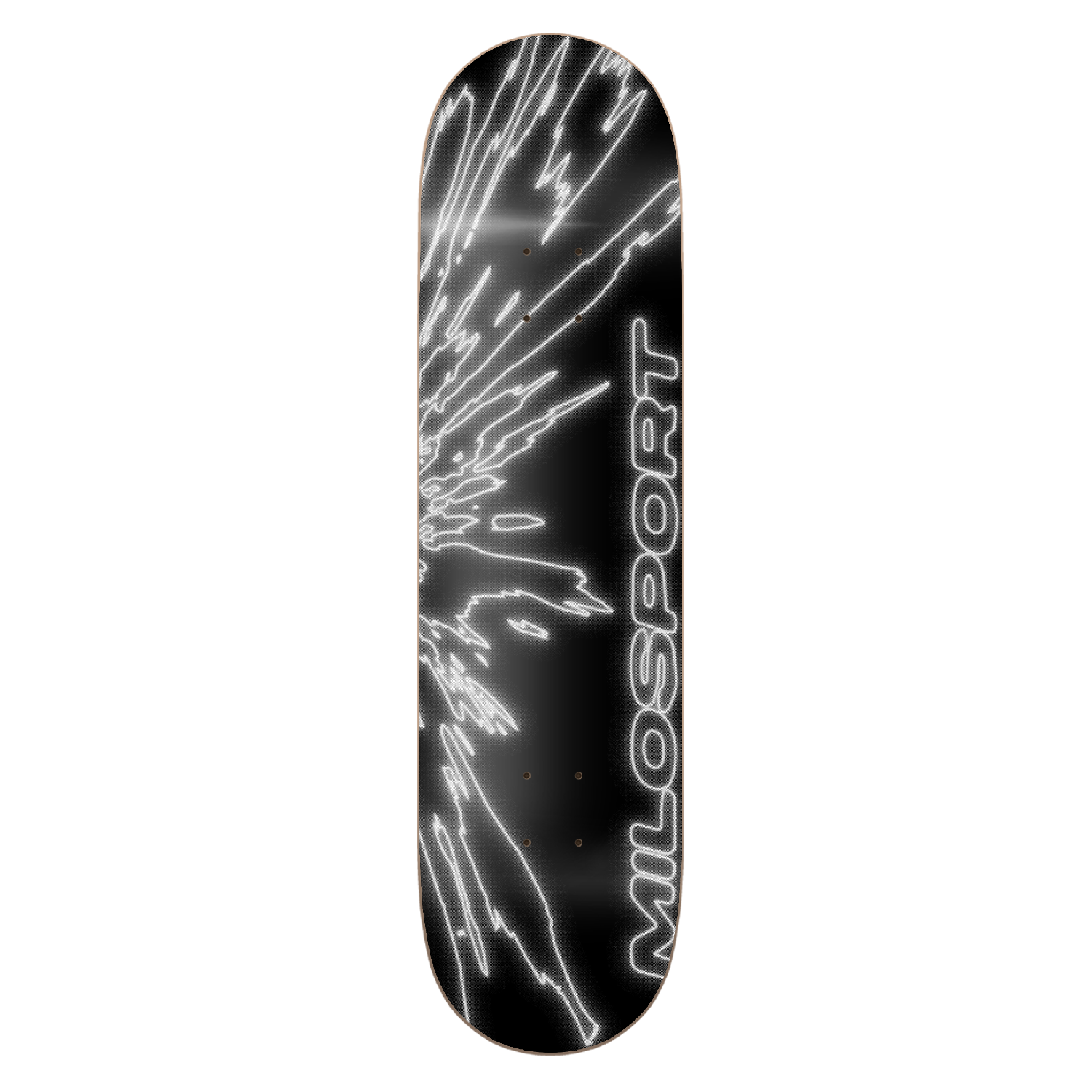 Milosport Fracture skateboard deck in black and white with fractured line artwork and vertical Milosport logo.