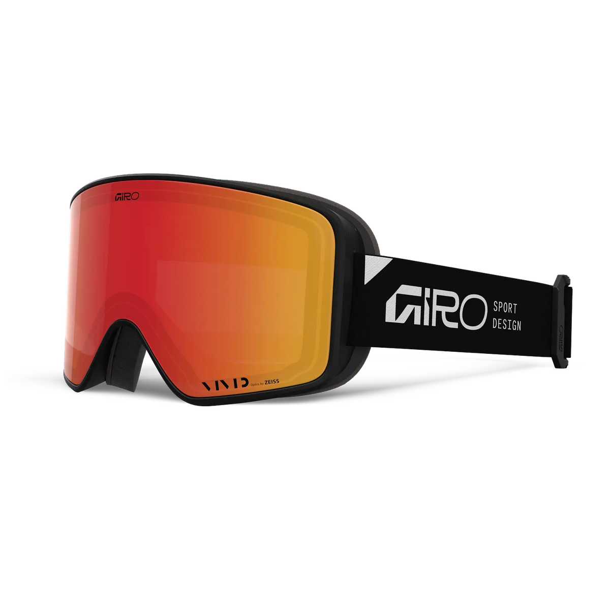 Giro Method snow goggles with Black Stacked frame, Vivid Ember lens and black Giro Sport Design strap shown from a three-quarter angle.