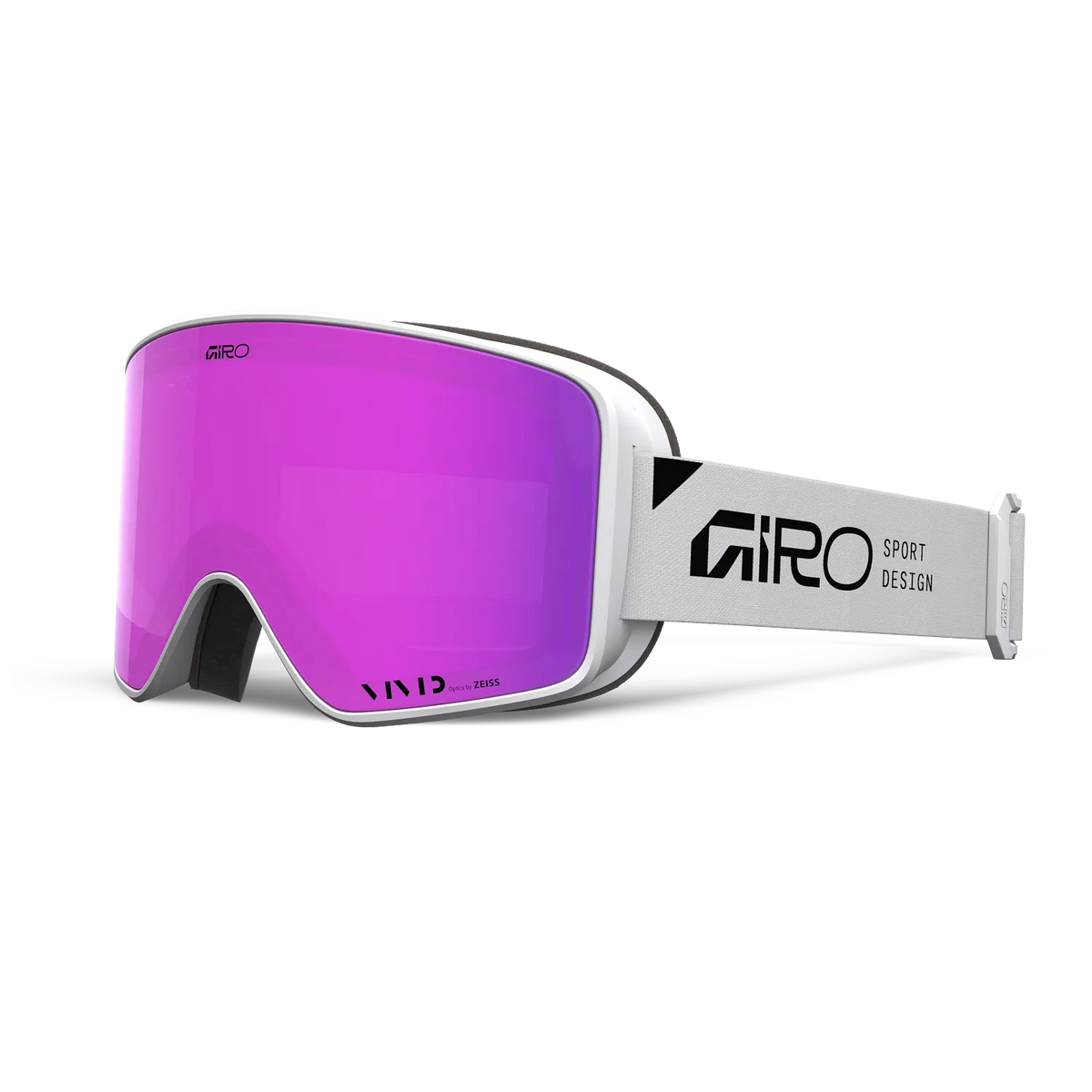 Giro Method snow goggles with Stacked White frame, Vivid Pink lens and white Giro Sport Design strap shown from a three-quarter angle.