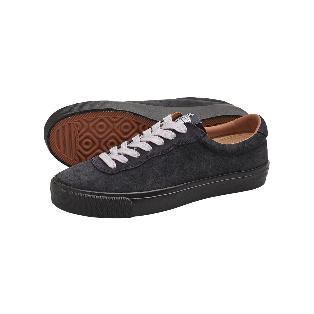 Pair of Last Resort AB VM001 Lo Suede skate shoes in Grape Magnet and Black shown from a three-quarter angle with gum outsole visible.