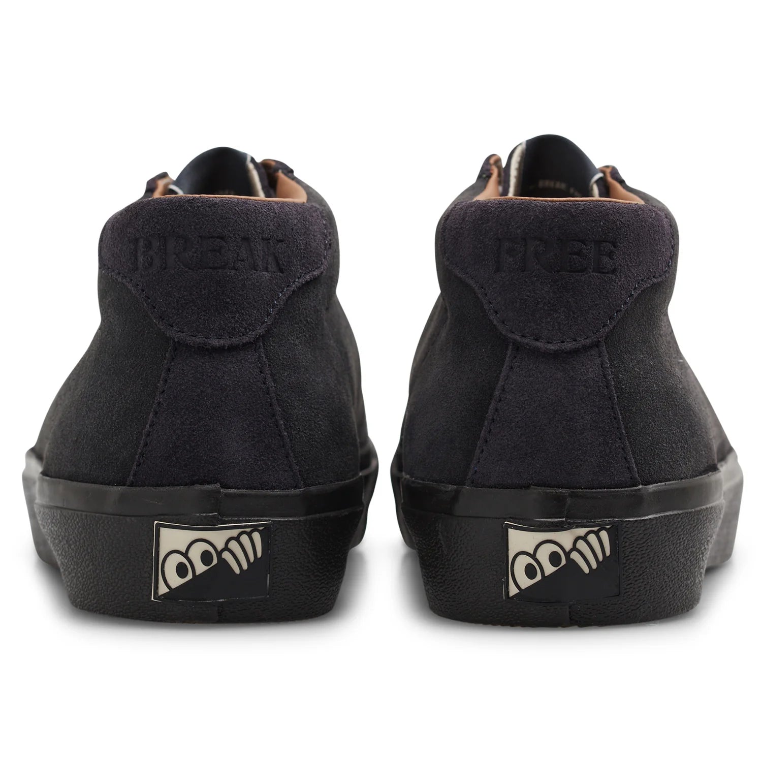 Rear view of the Last Resort AB VM001 Mid Suede skate shoe showing the suede heel, padded collar and black vulcanized sole.