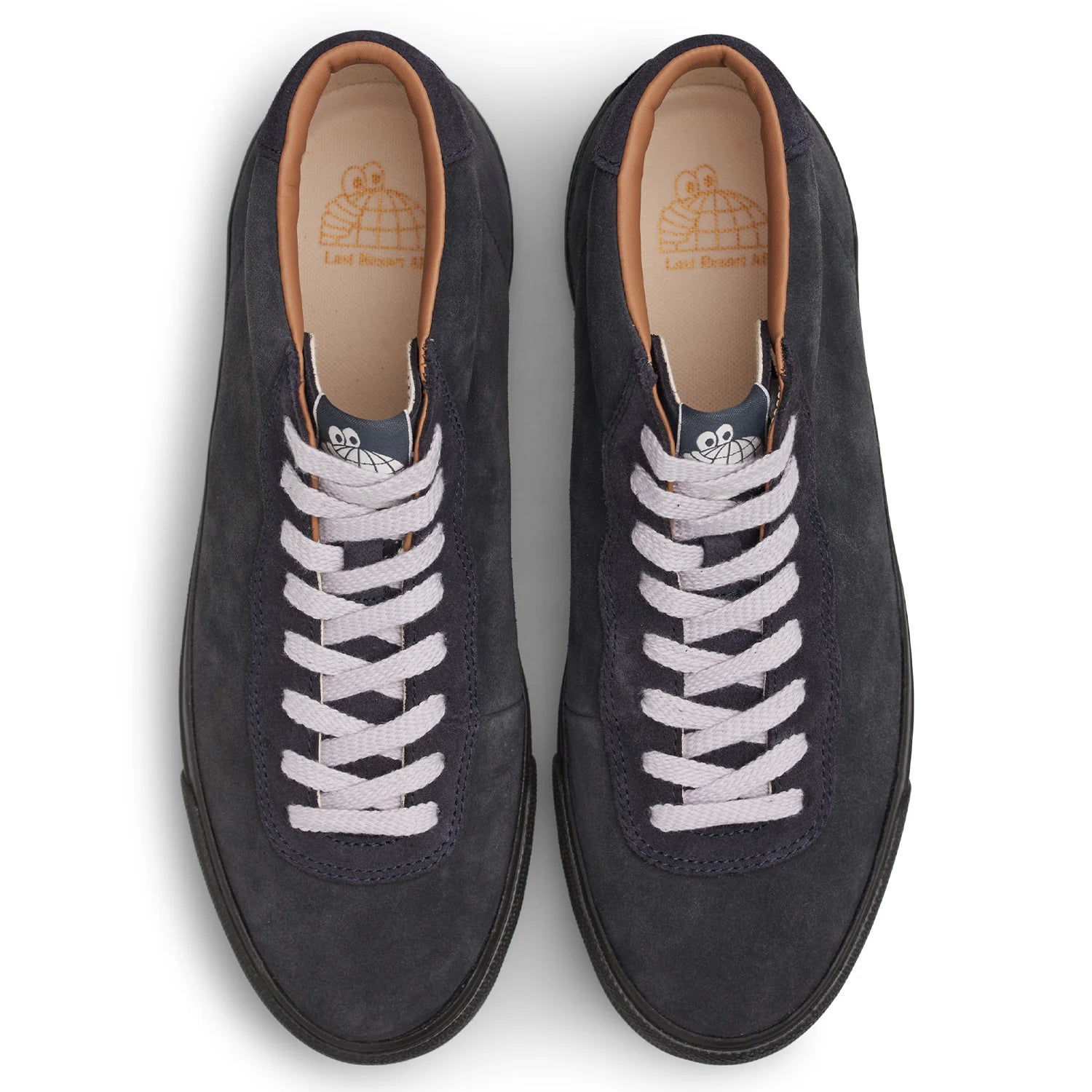 Top view of a pair of Last Resort AB VM001 Mid Suede skate shoes showing white laces, padded tan collars and Last Resort insoles.
